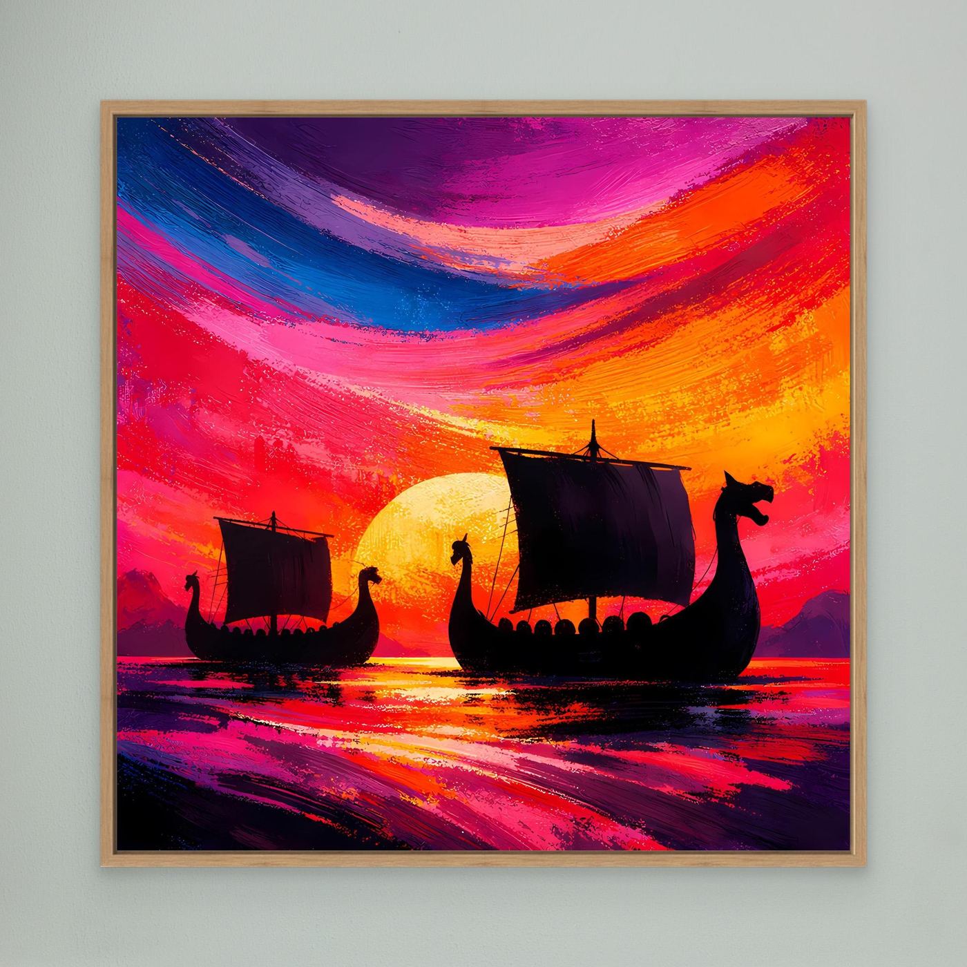 Quadratisches Leinwand-Wandbild mit Wikingerschiffen, abstrakter Sonnenuntergang, Eichenrahmen