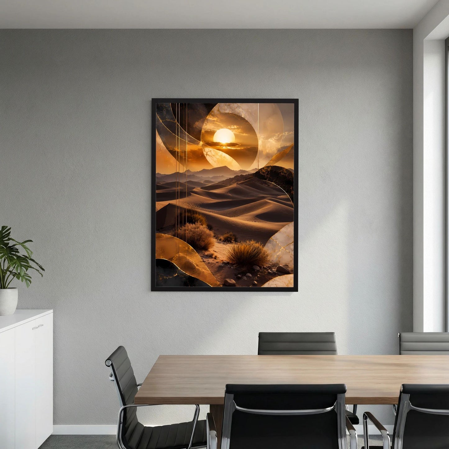Gerahmtes Hochformat-Poster mit Wüstenlandschaft, goldener Sonne und Dünen