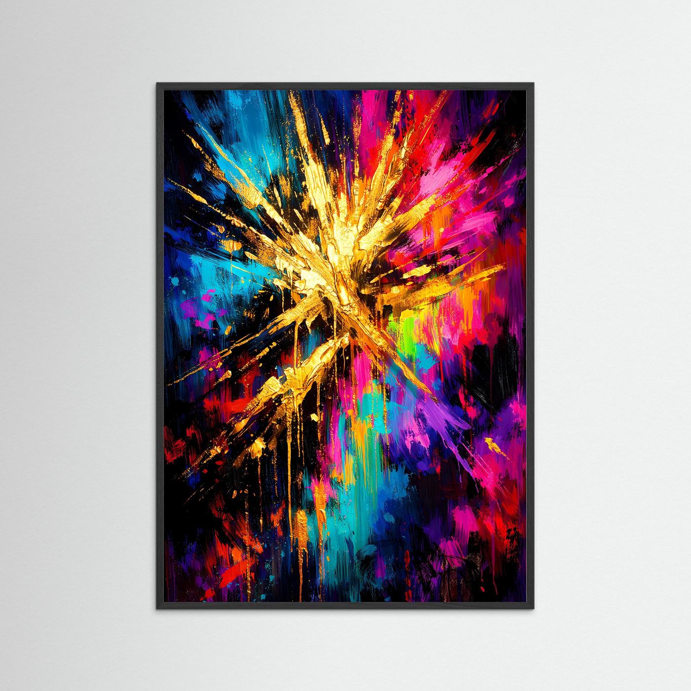 Abstraktes Sternenposter mit schwarzem Holzrahmen, goldener Strahlenknall in Neonfarben