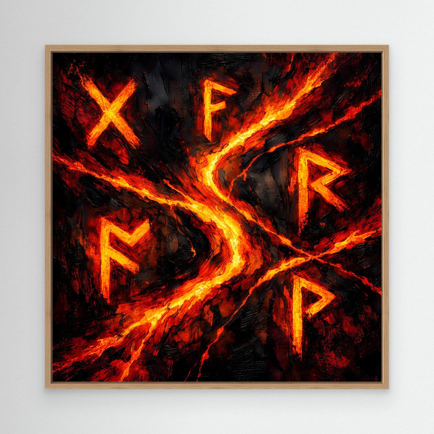Wandbild mit mystischen Runen, mit Eichenholzrahmen; schwarzer Hintergrund, leuchtende Rot-Orange Flammen