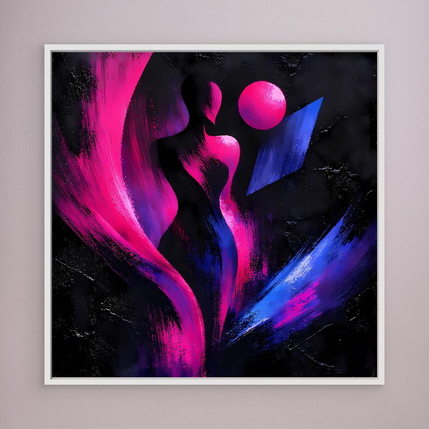 Leinwandbild mit abstrakter Silhouette in Neon-Pink und Blau, runde Elemente, weiß gerahmt