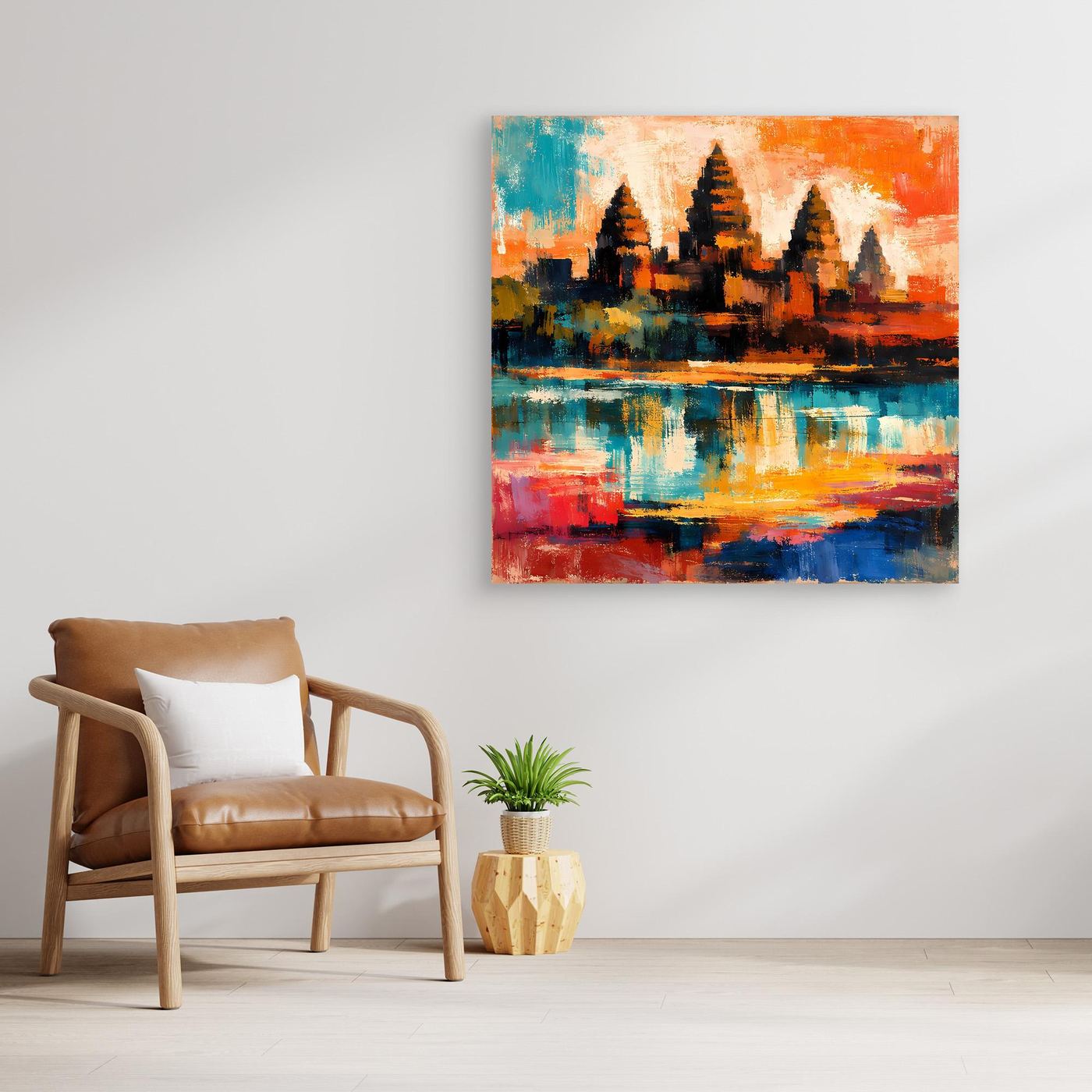 Abstraktes Leinwand-Wandbild mit Maya-Pyramide am Wasser, mit Holzrahmen