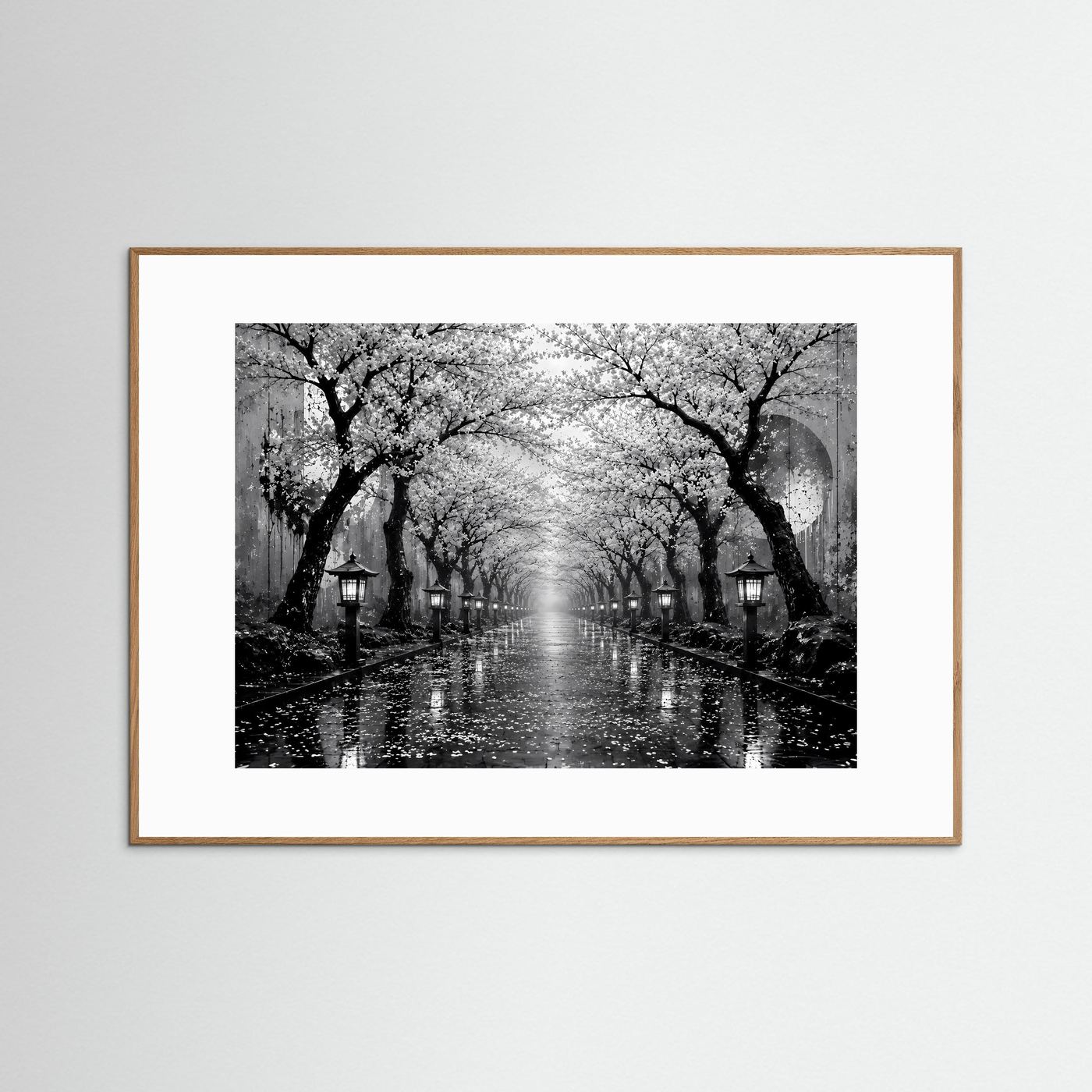Kirschblütenallee Schwarz-Weiß | Japanisches Wandbild mit Laternen im Regen