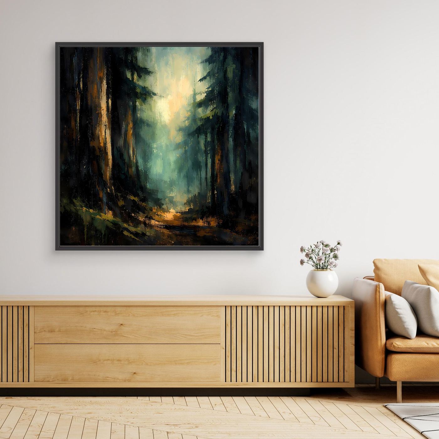 Gerahmtes Leinwand-Wandbild mit abstraktem Tannenwald und Licht, schwarzer Rahmen