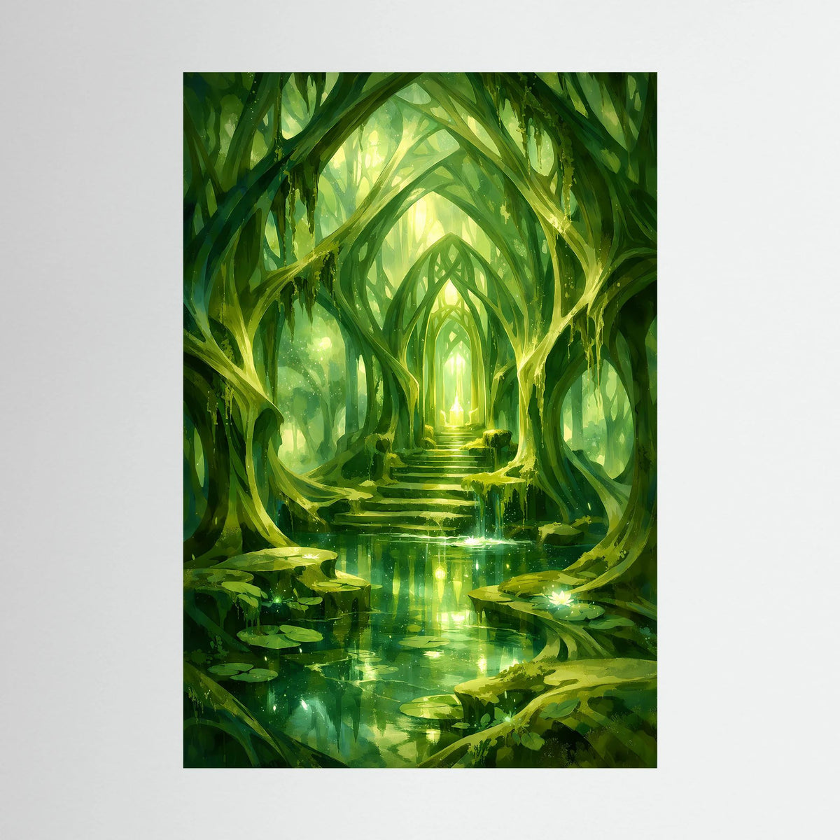 Grünes Kunstposter Waldtempel mit leuchtendem Pfad, spiegelndem Wasser und Pflanzen