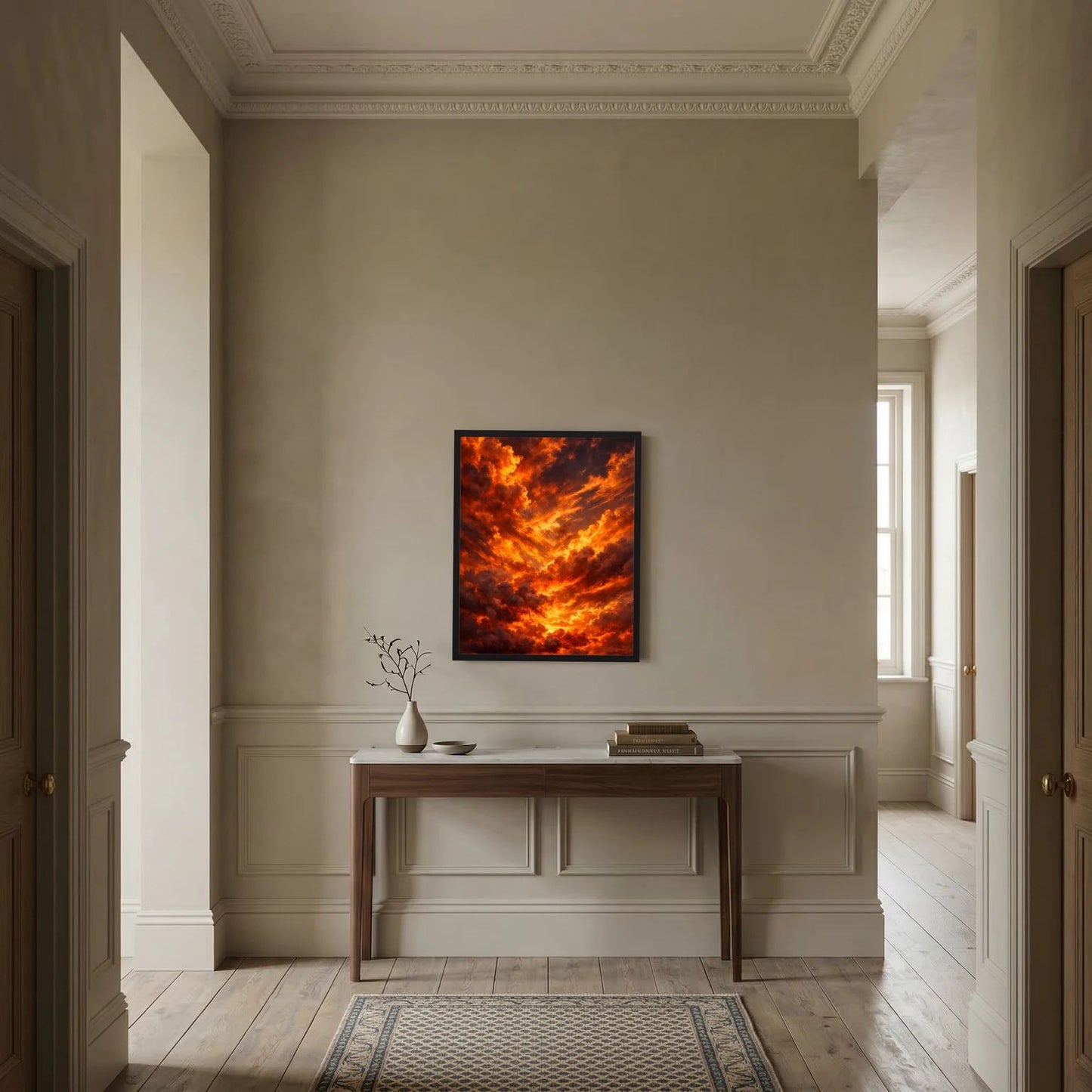Quadratisches Wandbild mit feurigen Wolken in Orange und Rot, schwarzer Rahmen
