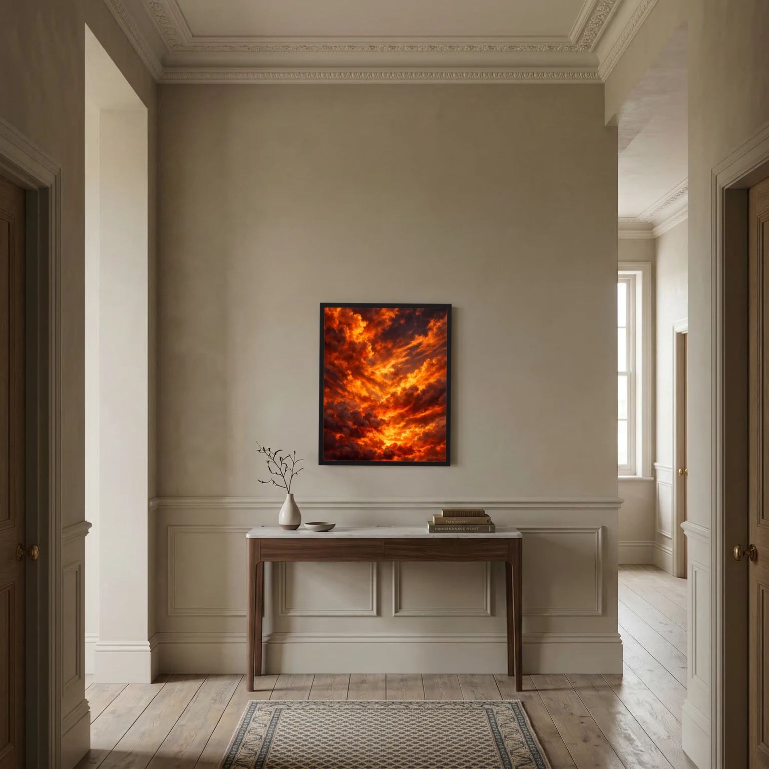 Quadratisches Wandbild mit feurigen Wolken in Orange und Rot, schwarzer Rahmen