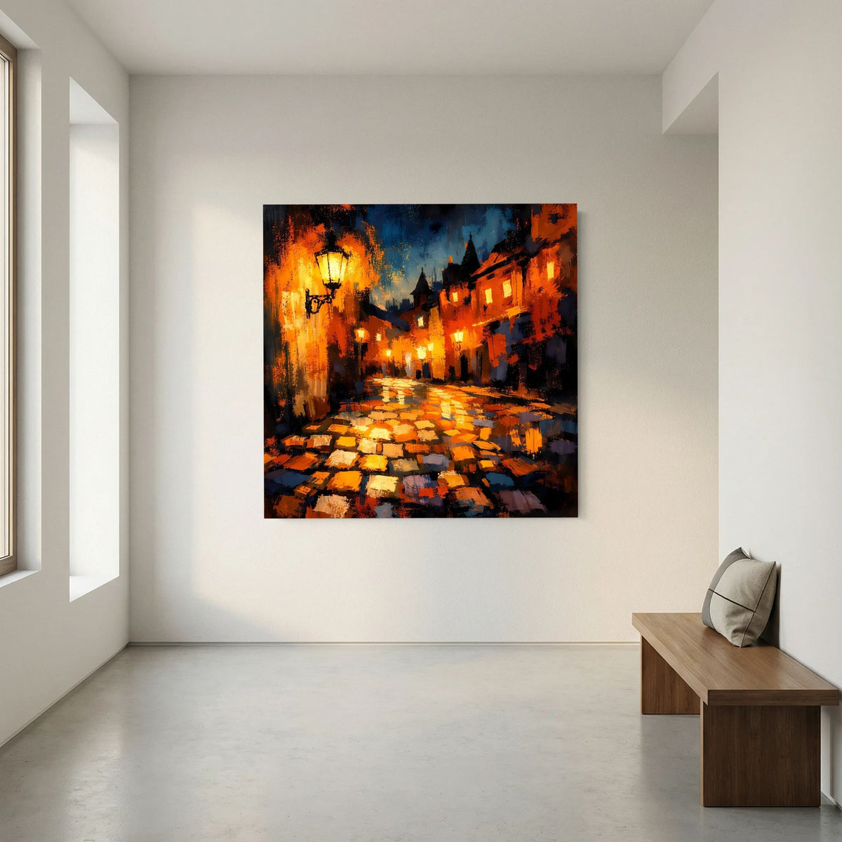 Leinwand Abstraktes Altstadt Gemälde | Modernes Romantisches Gassen Wandbild bei Nacht