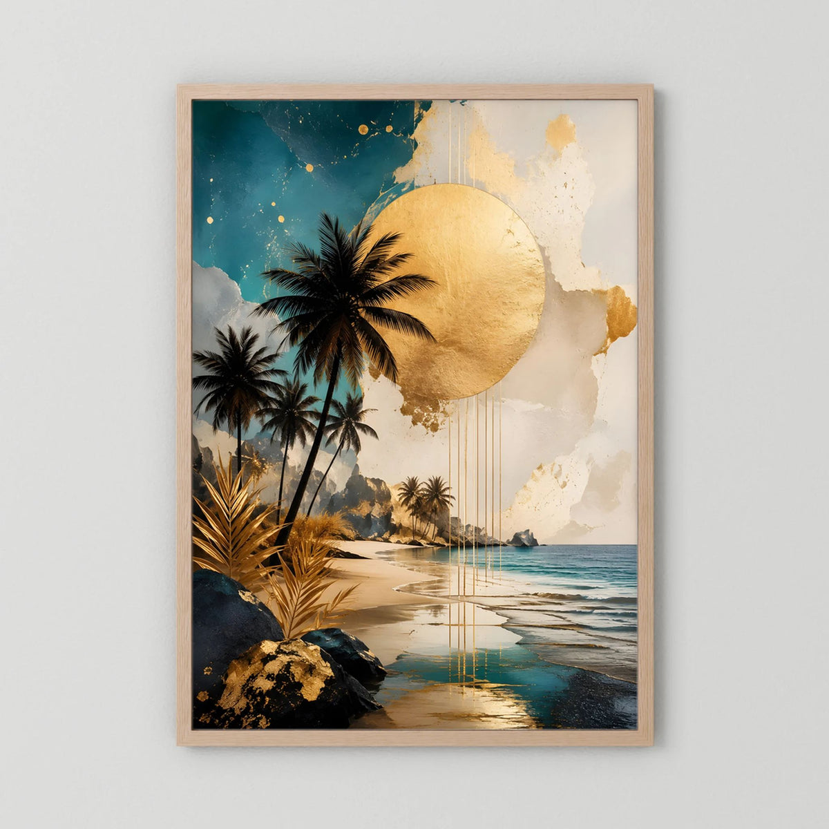Poster im Holzrahmen (hellbraun): Palmen, goldene Sonne und Strandmotiv, hochformatig