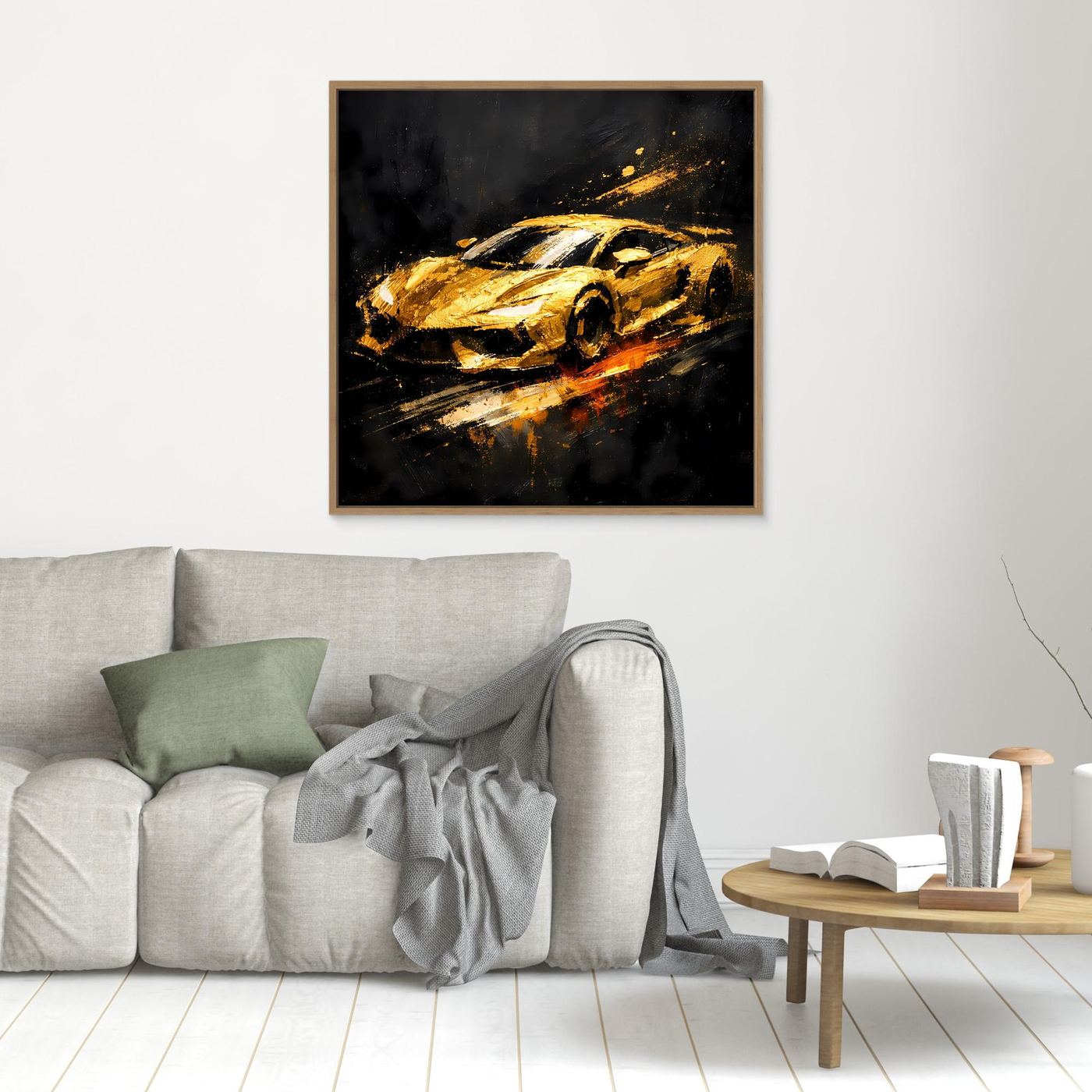 Leinwand Goldener Sportwagen Abstrakt | Modernes Rennwagen Wandbild Schwarz Gold