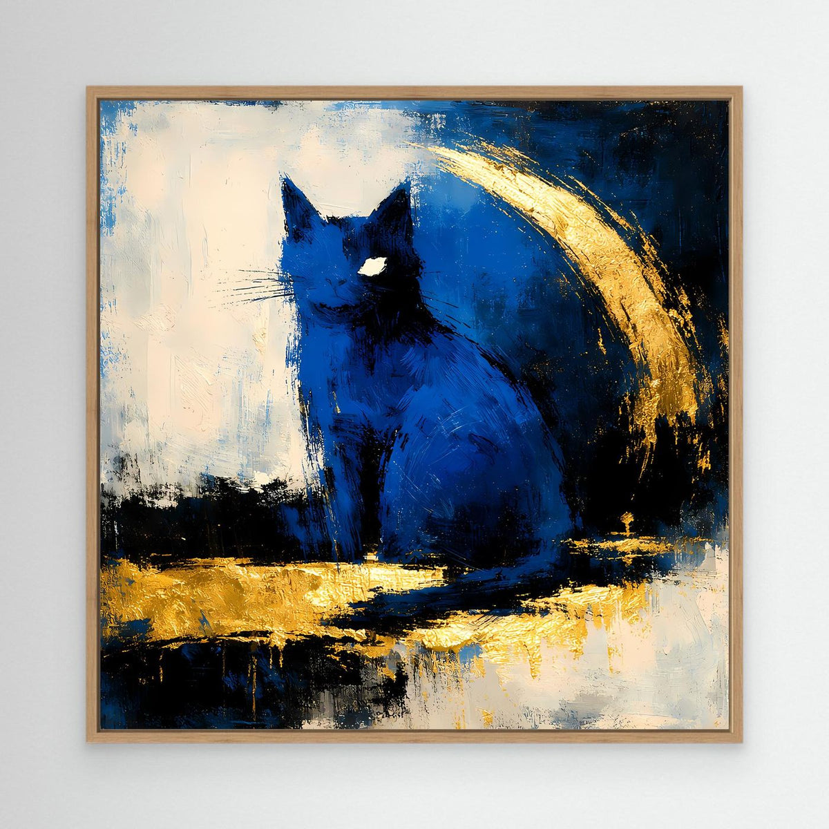 Abstraktes Wandbild mit blauem Tiermotiv, Goldakzenten und Holzrahmen
