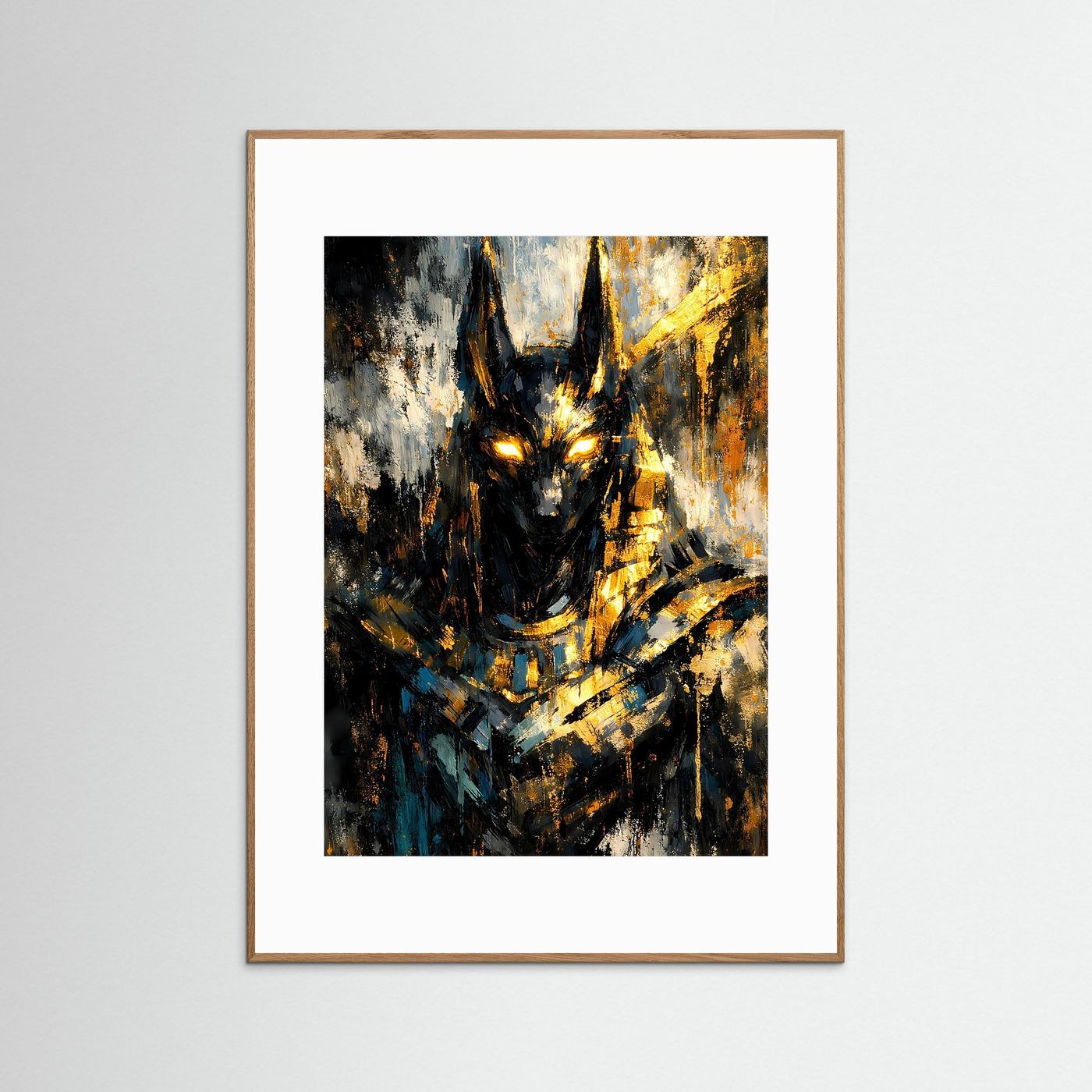 Götterposter mit Anubis-Motiv, goldschwarz, brauner Rahmen, weißer Rand