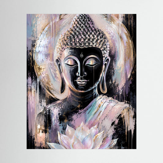 Gerahmtes Buddha-Kunstposter mit Lotusblüte, abstrakte Pastelltöne.