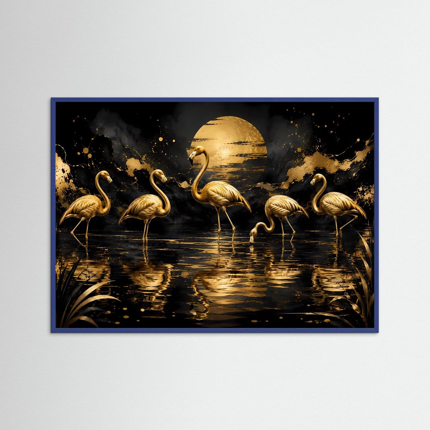 Querformat-Wandbild mit goldenen Flamingos, blauer Rahmen