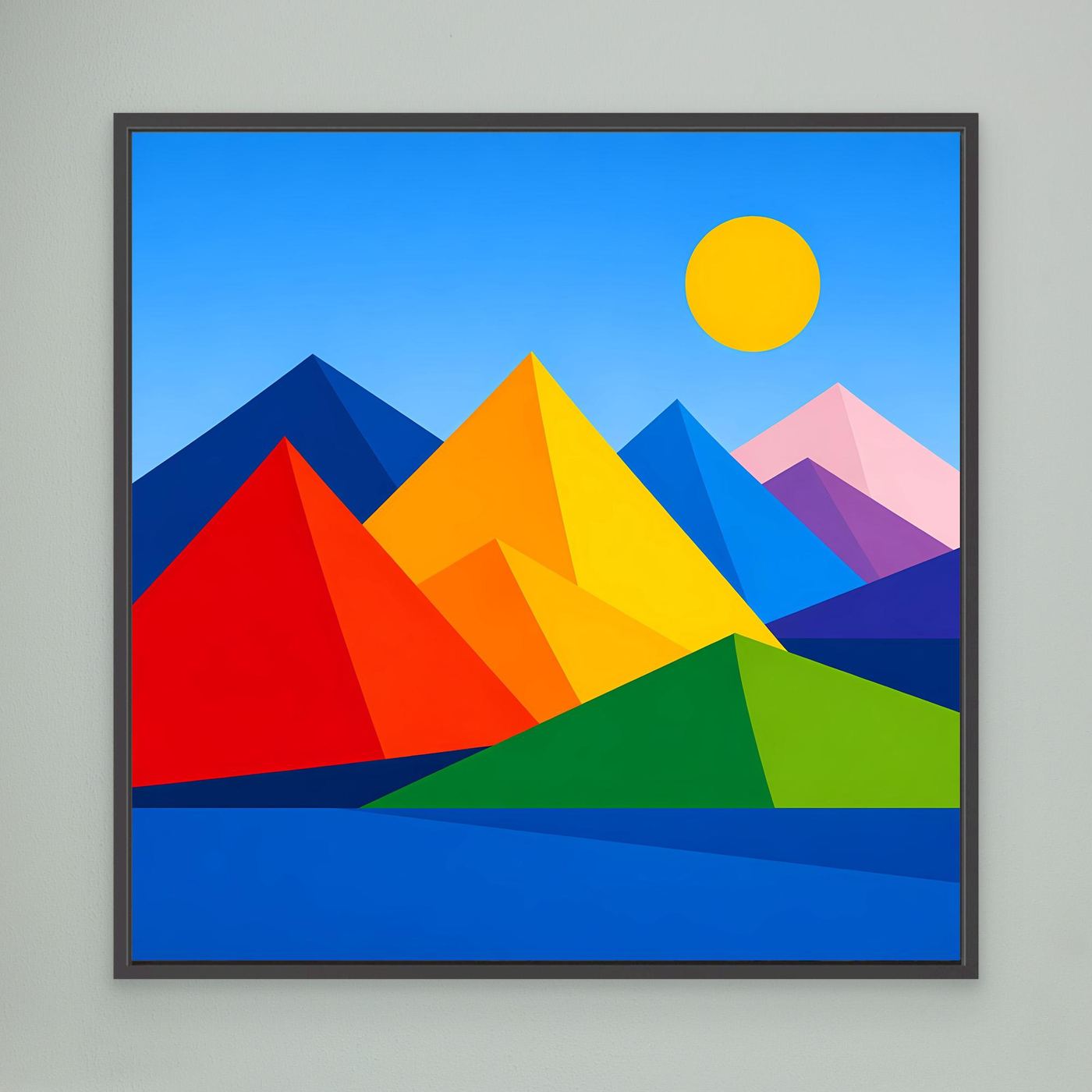 Gerahmtes Leinwandbild mit geometrischer Berglandschaft und Sonne, farbige Dreiecke, schwarzer Rahmen.