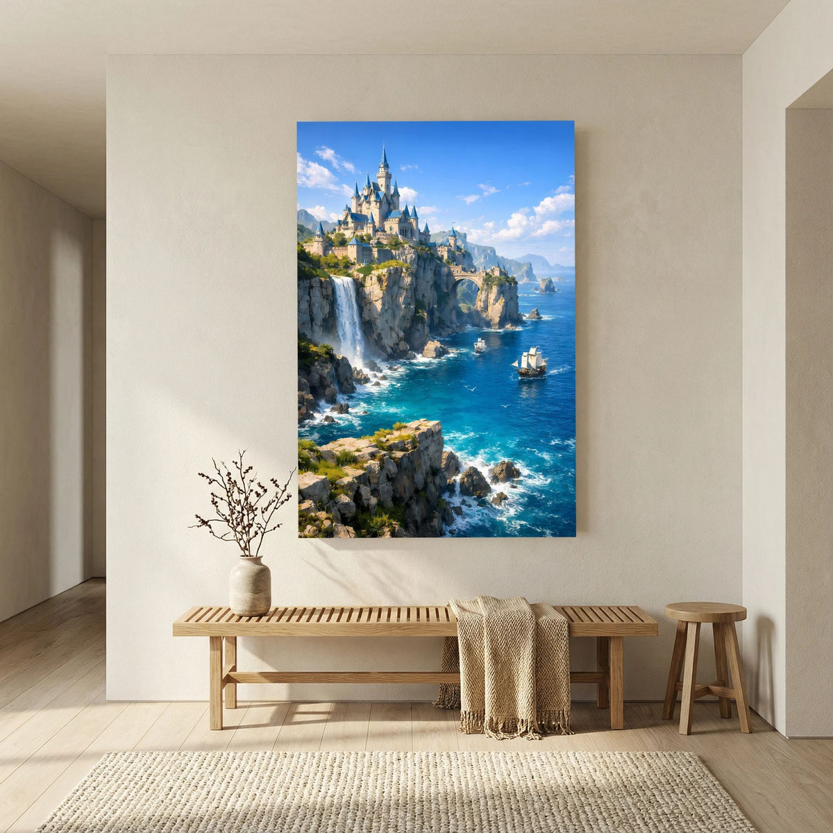 Wandposter im Hochformat mit Fantasy-Schloss an der Küste und türkisfarbenem Meer