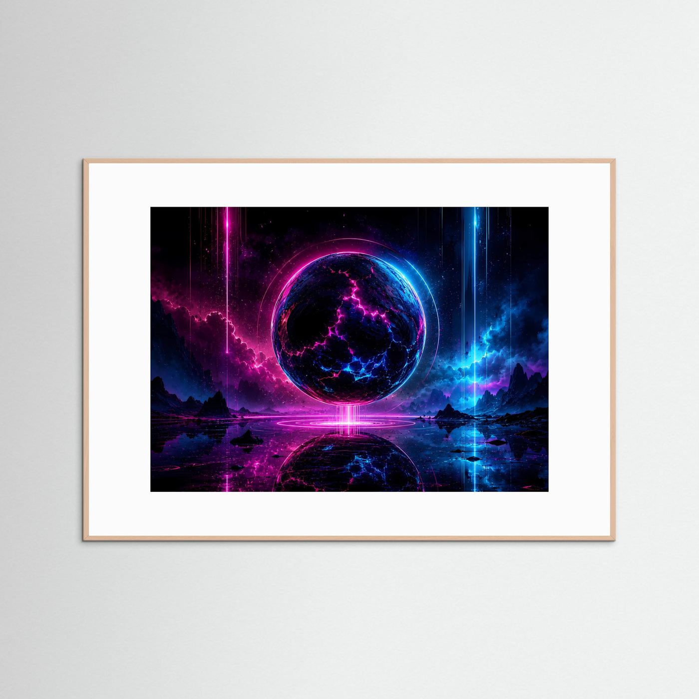 Neon Sphäre Poster Querformat | Futuristische Kosmische Wandkunst in Pink & Blau | Sci-Fi Wandbild Modern