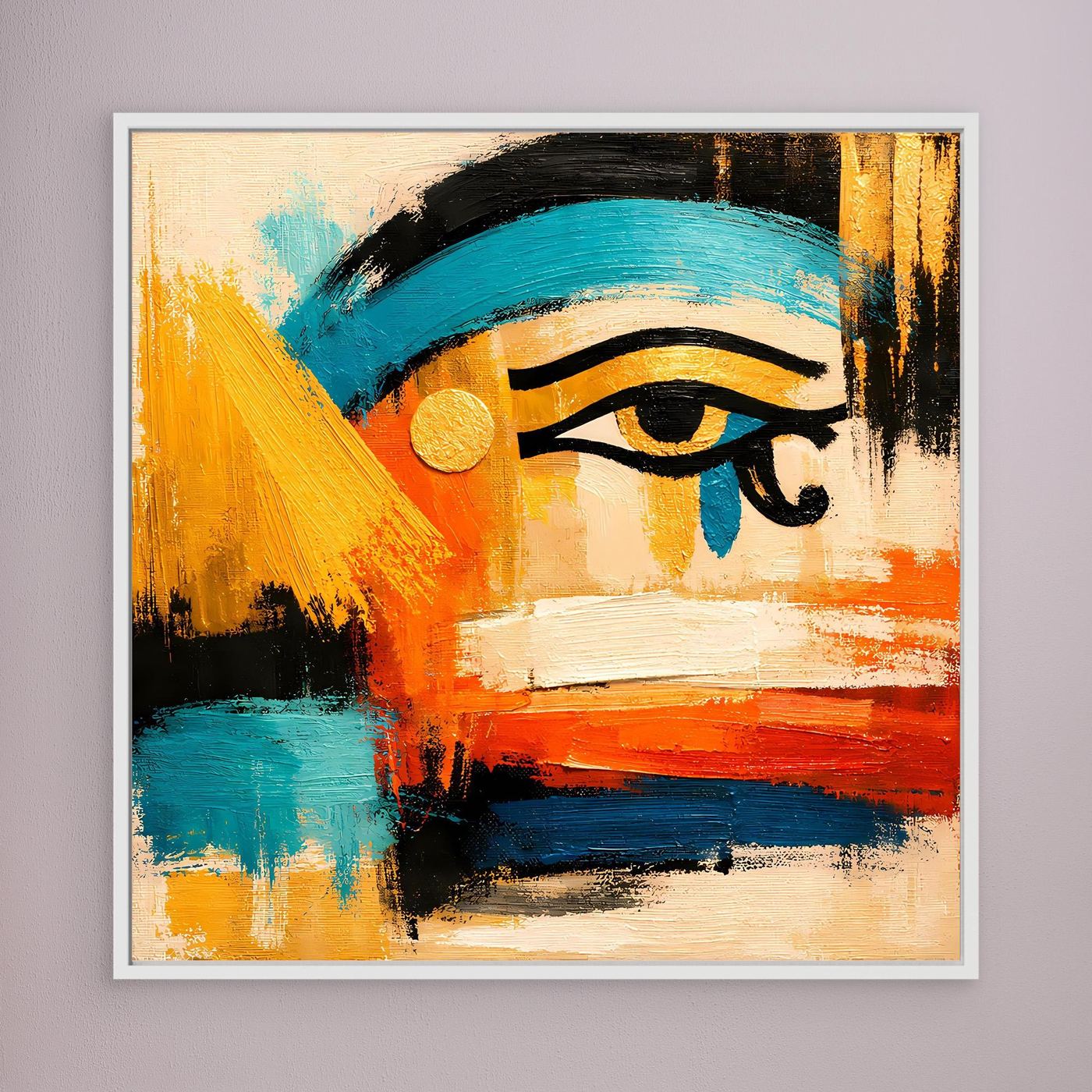 Abstract eye wall art with orange and teal brushwork, white frame