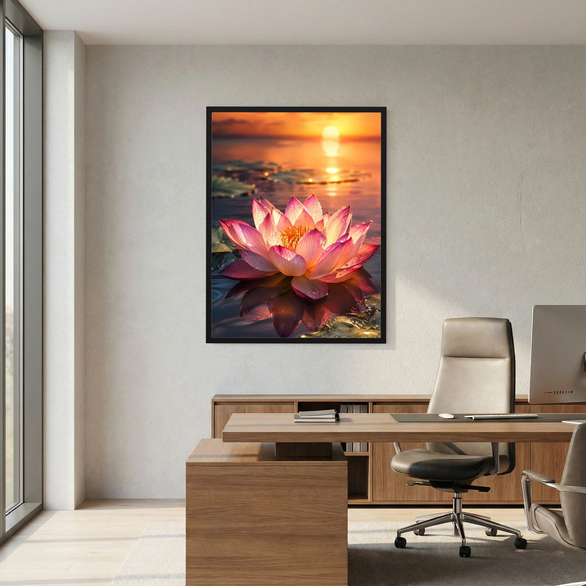 Gerahmtes Hochformat-Poster mit rosa Lotusblüte und orangefarbener Abendsonne