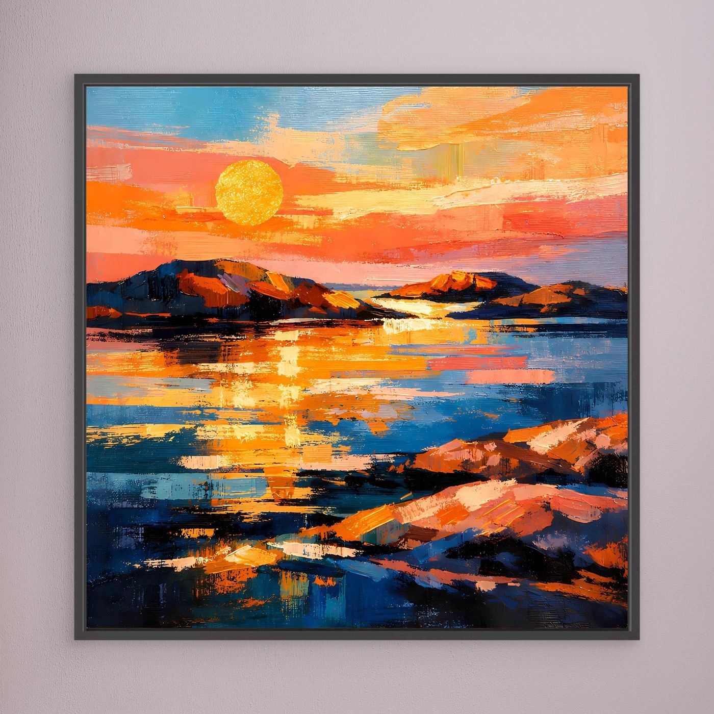 Gerahmtes Leinwandbild mit abstrakter Küste, starke Pinselstriche, gelbe Sonne im orangefarbenen Horizont