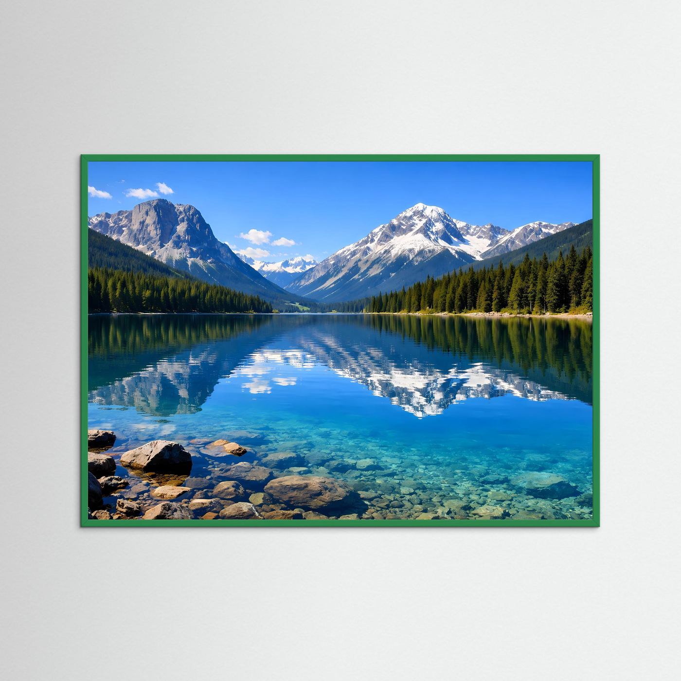 Panorama-Bergsee-Poster mit spiegelnden Alpen und Fichten am Ufer, im grünen Rahmen