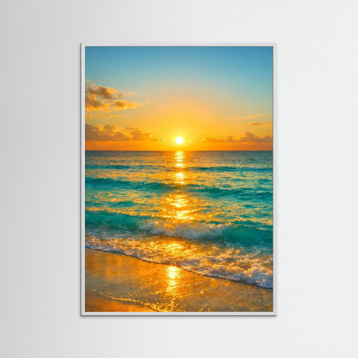 Maritimes Ozean-Poster im Hochformat mit goldenem Sonnenuntergang, beigefarbener Rahmen
