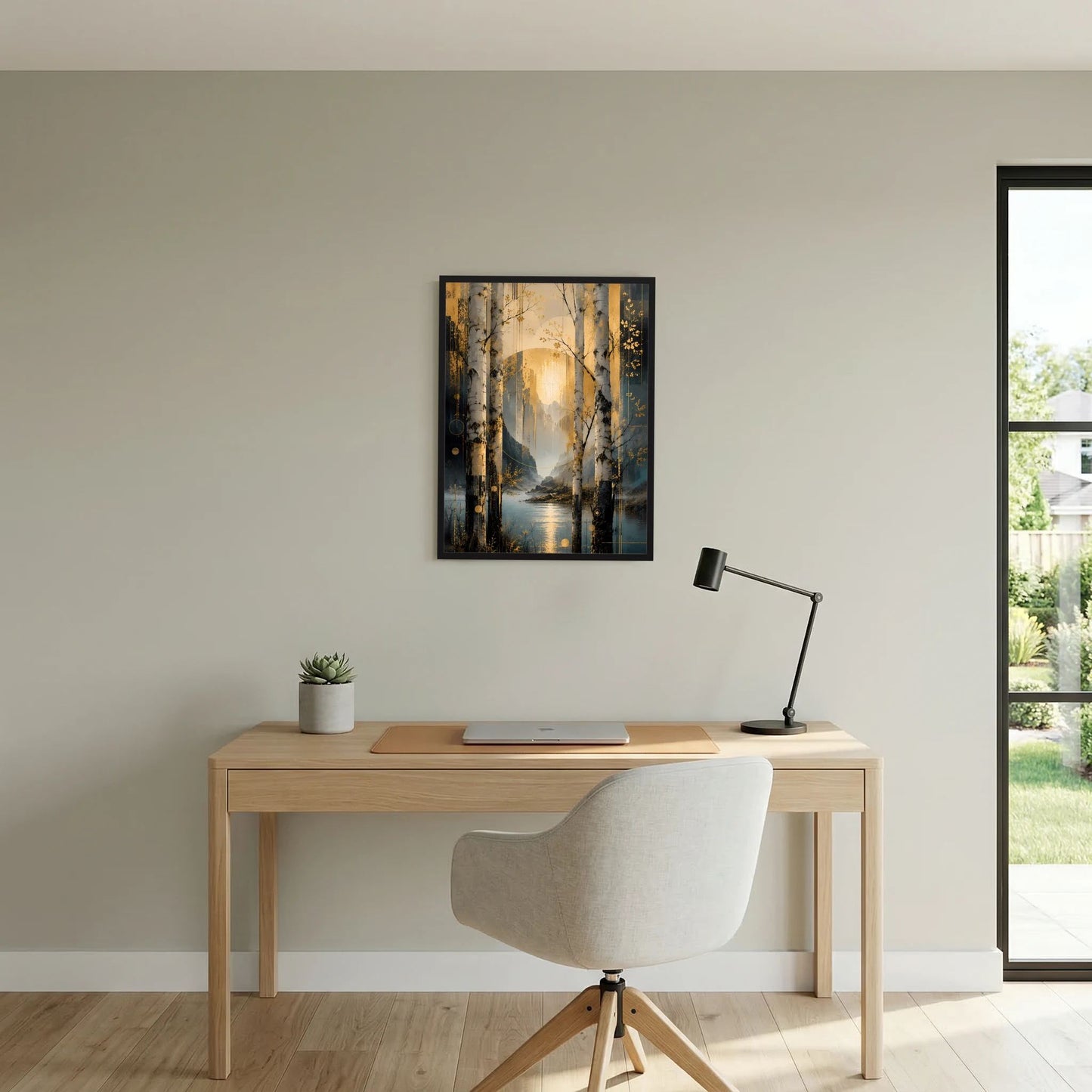 Gerahmtes Wandposter mit Birken und See, warmes Goldlicht im Zentrum, dunkles Petrol