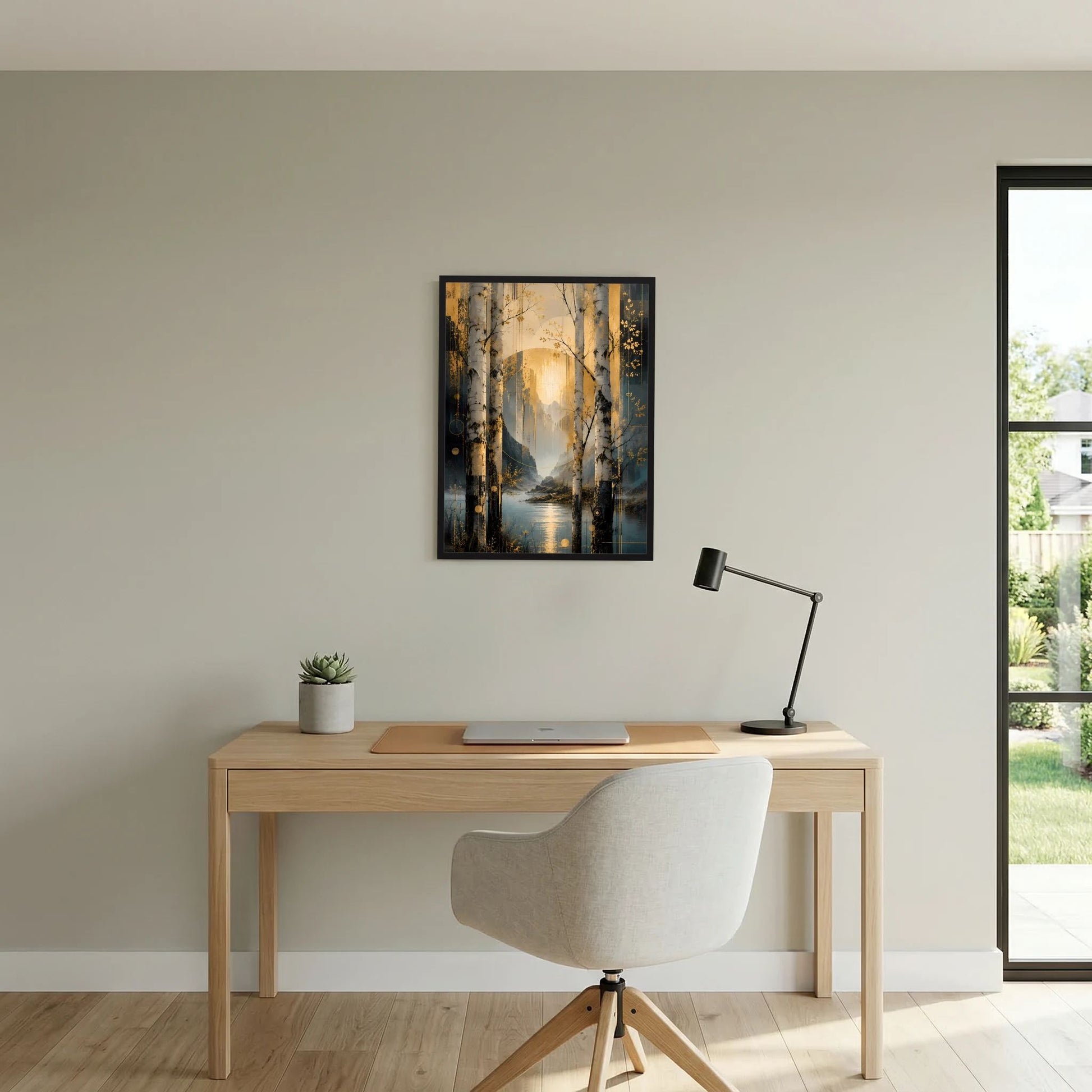 Gerahmtes Wandposter mit Birken und See, warmes Goldlicht im Zentrum, dunkles Petrol