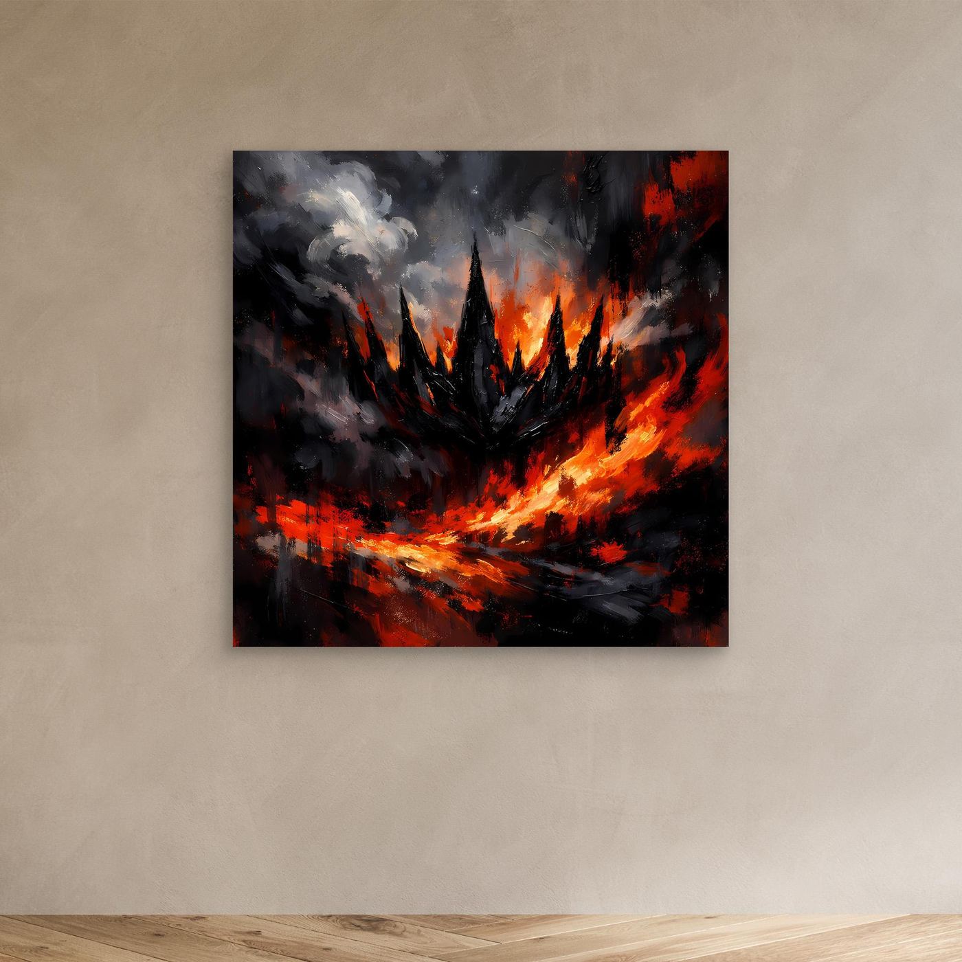 Abstraktes Fantasy-Wandbild ohne Rahmen: rote Feuer- und Rauchspuren auf dunklem Grund