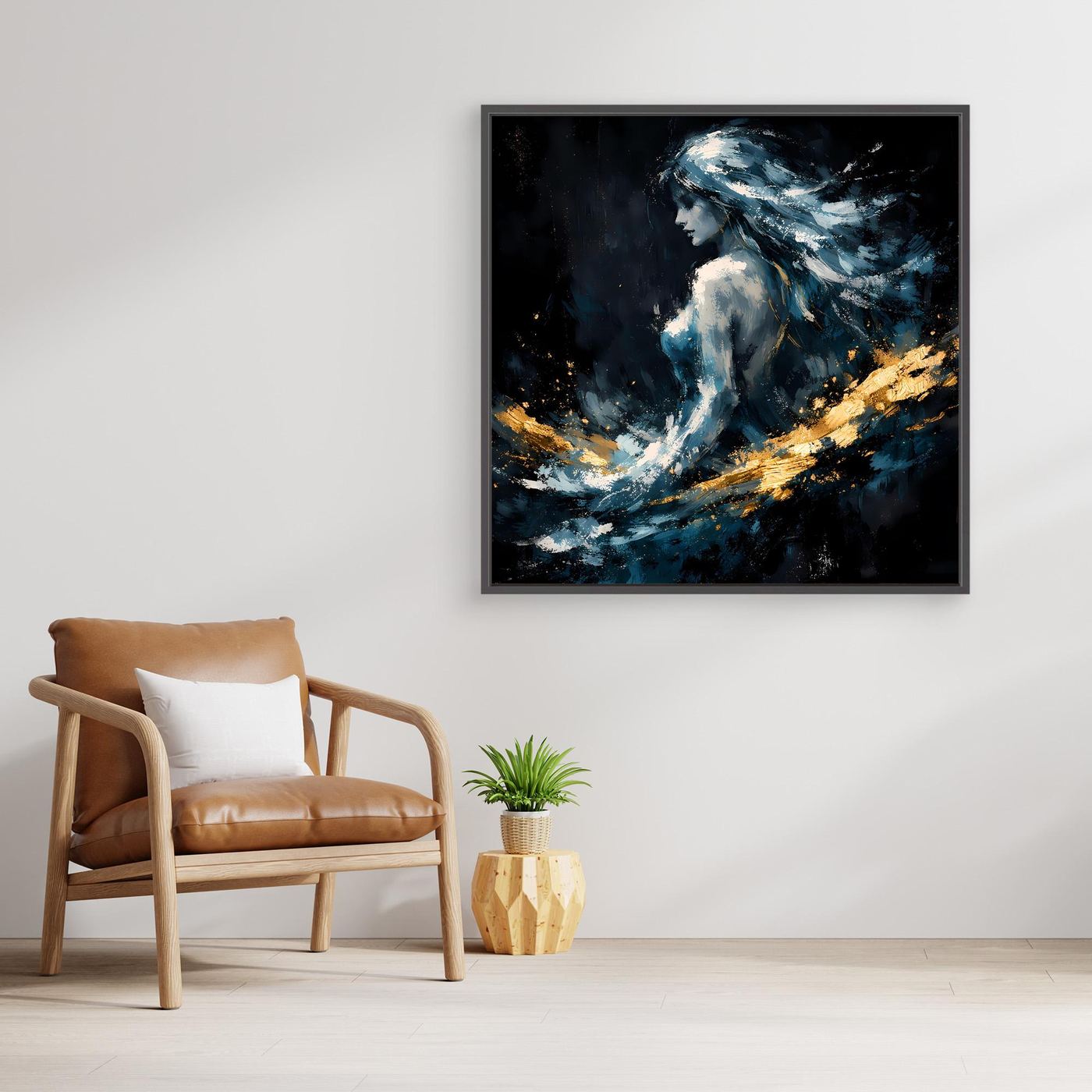 Leinwand Mystische Frauen-Figur in Blau und Gold | Modernes Abstraktes Fantasie Wandbild