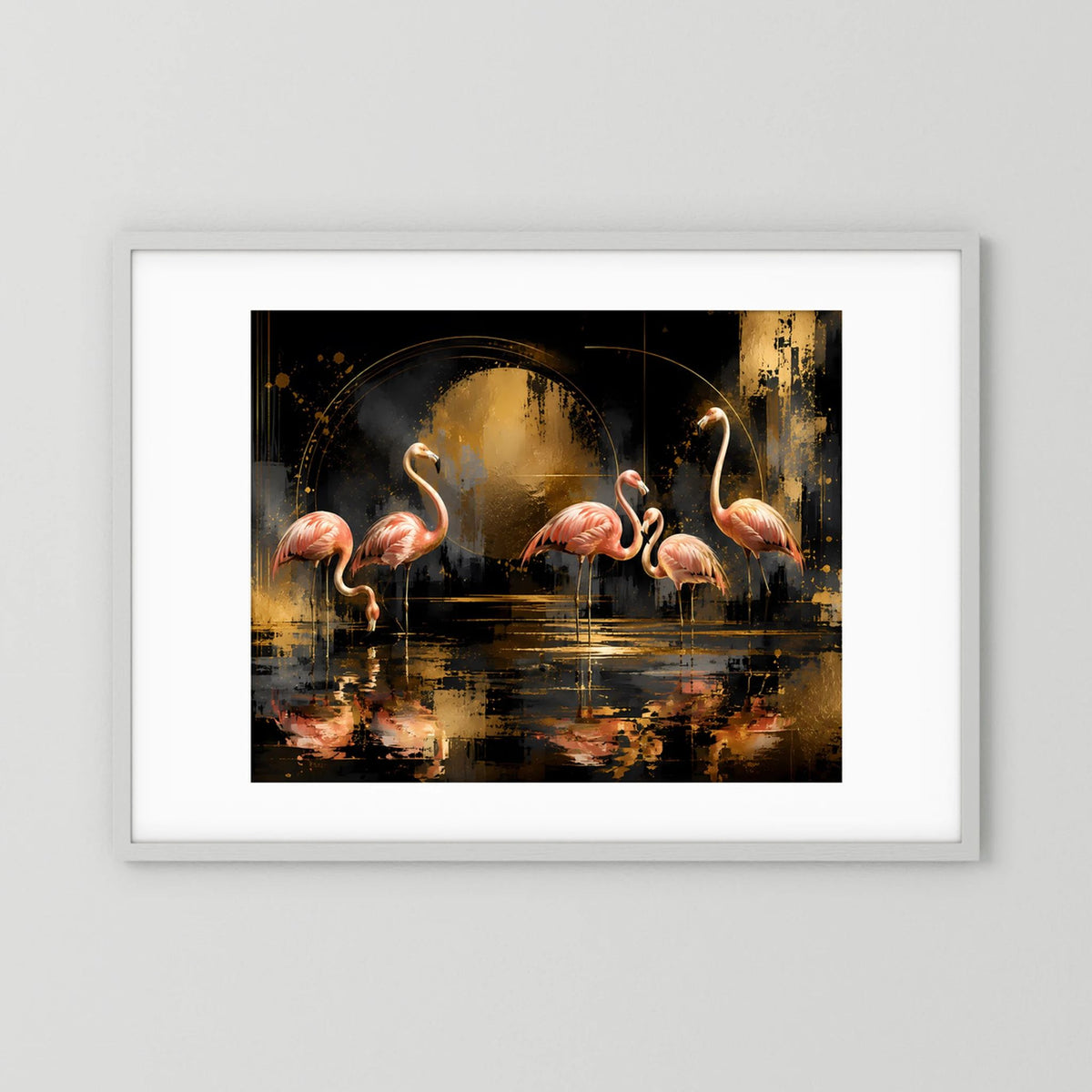 Flamingo-Poster mit abstraktem Schwarz-, Rosa- und Goldmotiv im weißen Rahmen