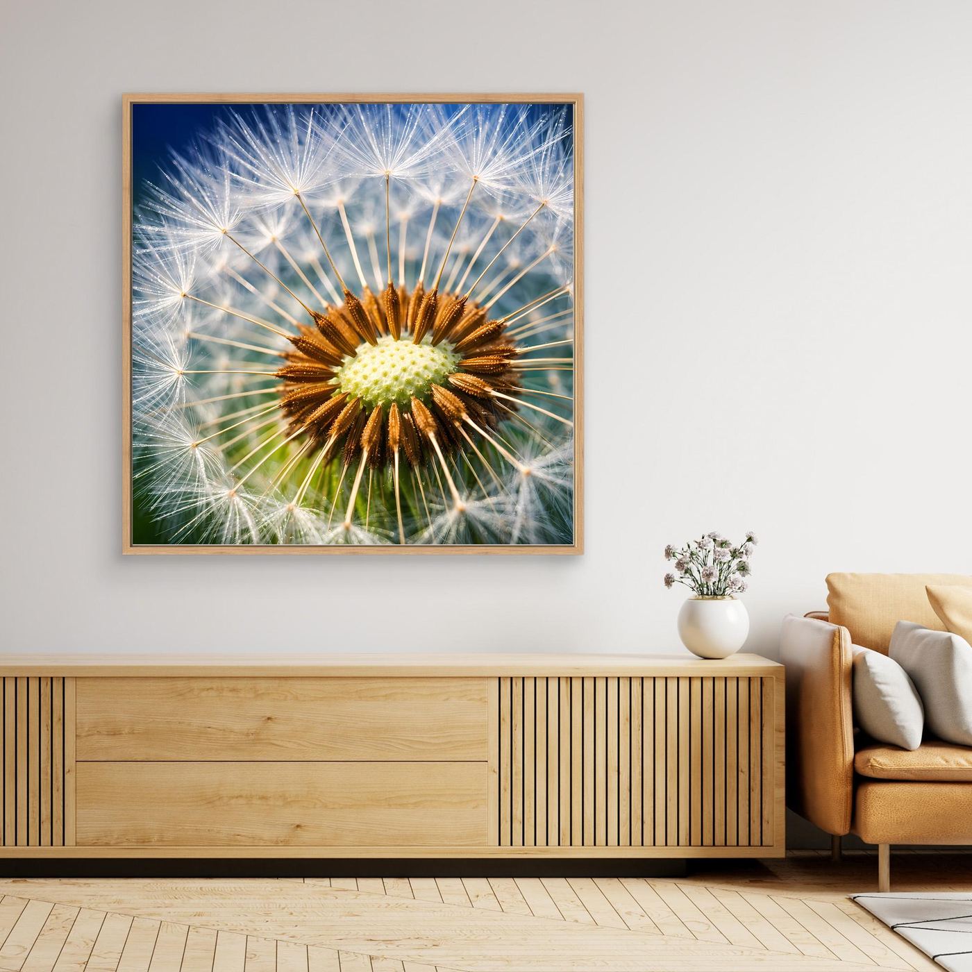 Gerahmtes Leinwandbild mit Pusteblume-Makro, braunes Zentrum in weißen Fäden auf Blau