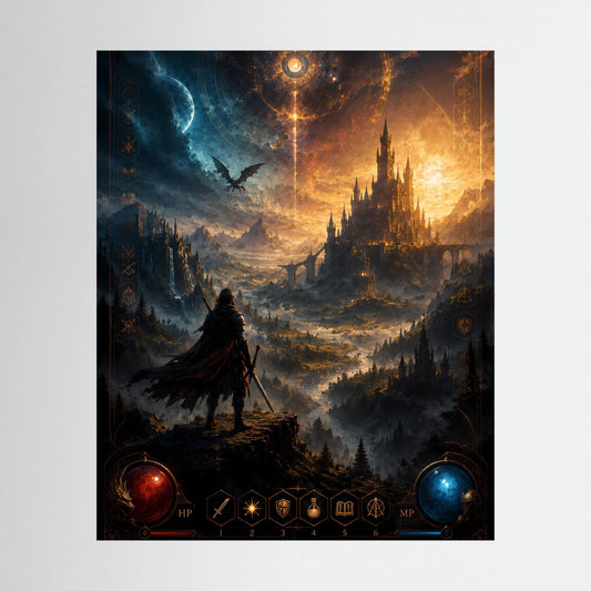Kunstposter im Hochformat mit düsterem Königreich, Krieger-Silhouette und Drachenhauch