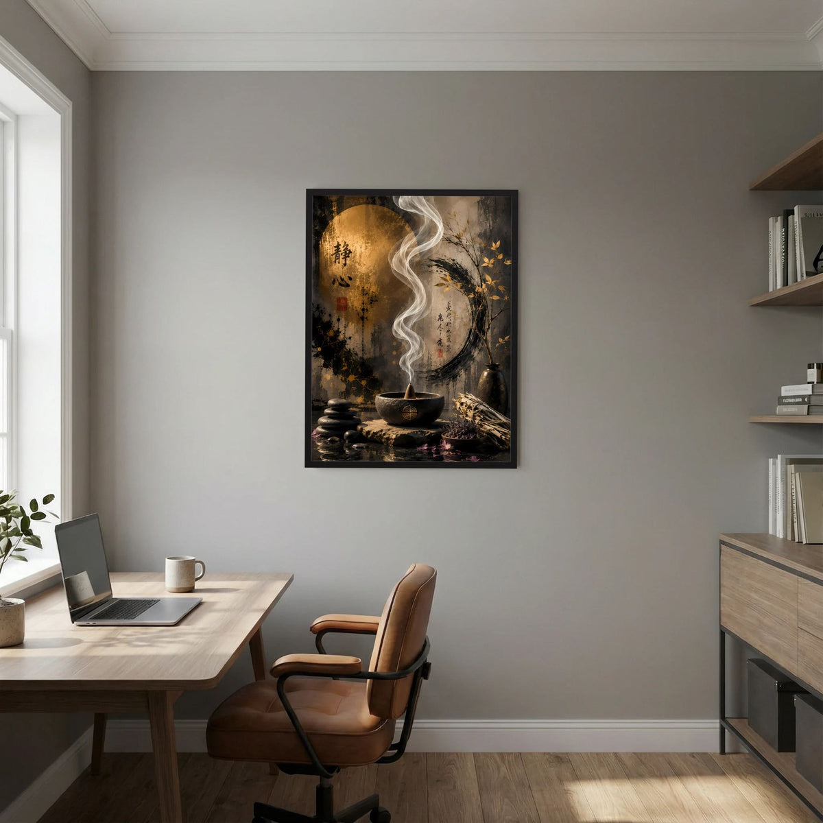 Gerahmtes Zen-Poster mit goldenem Kreis, weißem Rauch und Schale im dunklen Motiv.