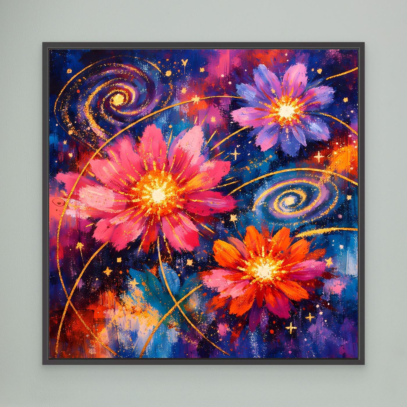 Wandbild mit rosa Blüten und Sternenwirbeln, violett-blauer Hintergrund, dunkel gerahmt