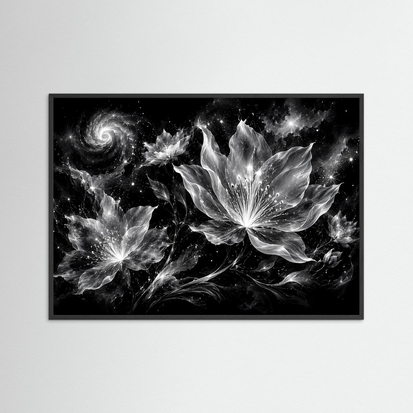 Schwarz Weiß Blumen Poster | Kosmische Blüten Wandkunst | Abstrakte Florale Kunst | Moderne Monochrome Leinwand | Galaxy Design