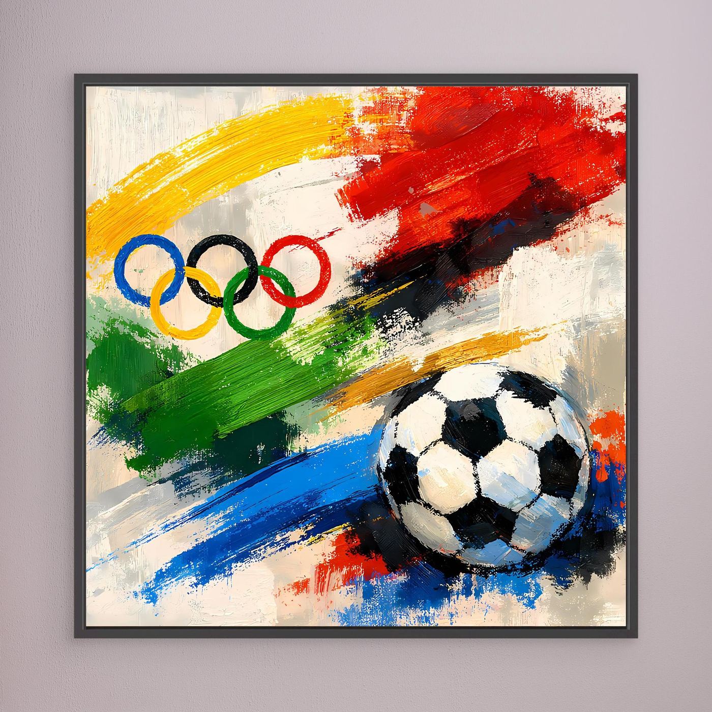 Schwarzes gerahmtes Leinwandbild mit abstrakten Farbstrichen, olympischen Ringen und Fußball
