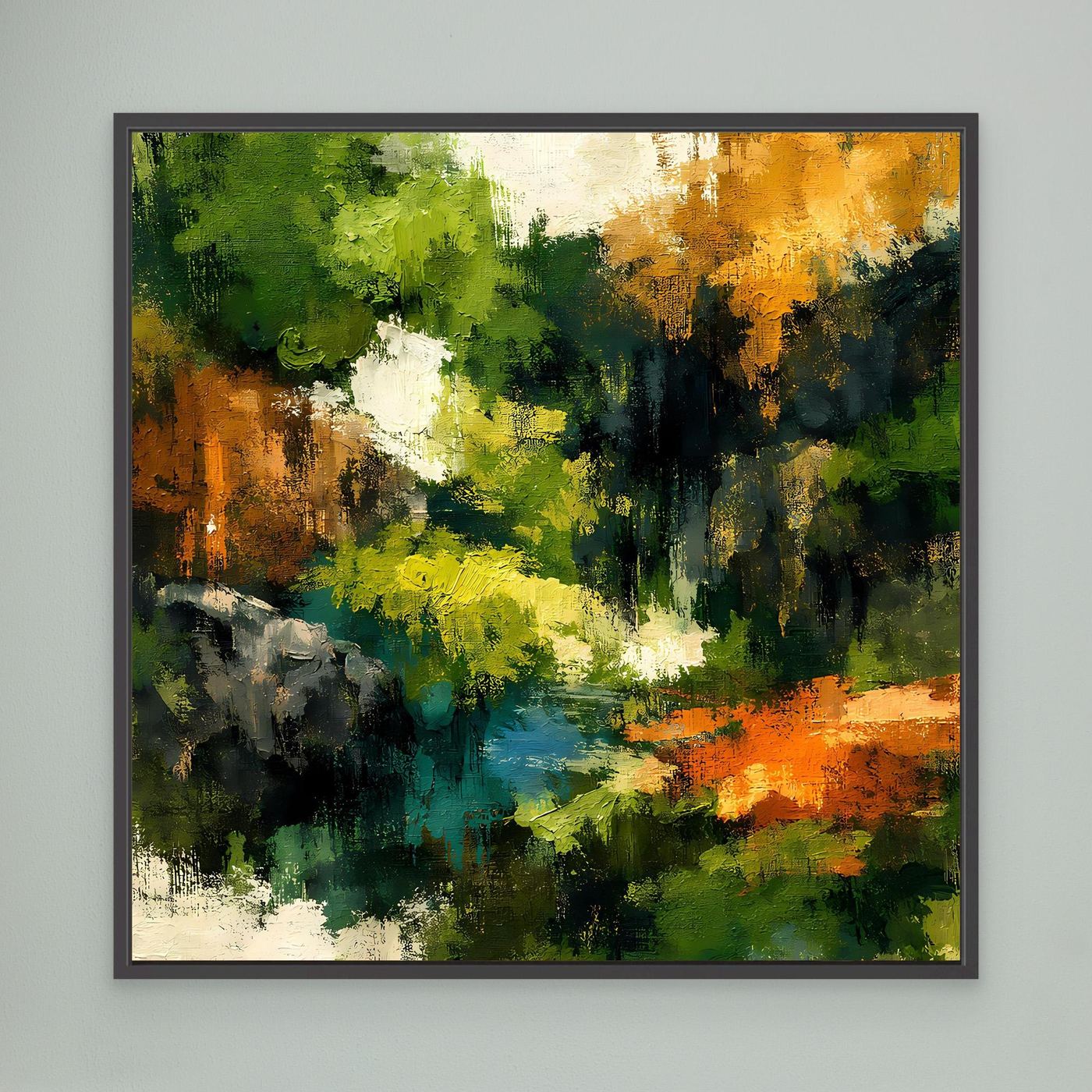 Wandbild mit abstrakter Waldlandschaft, schwarz gerahmt, grüne und orange Farbflächen