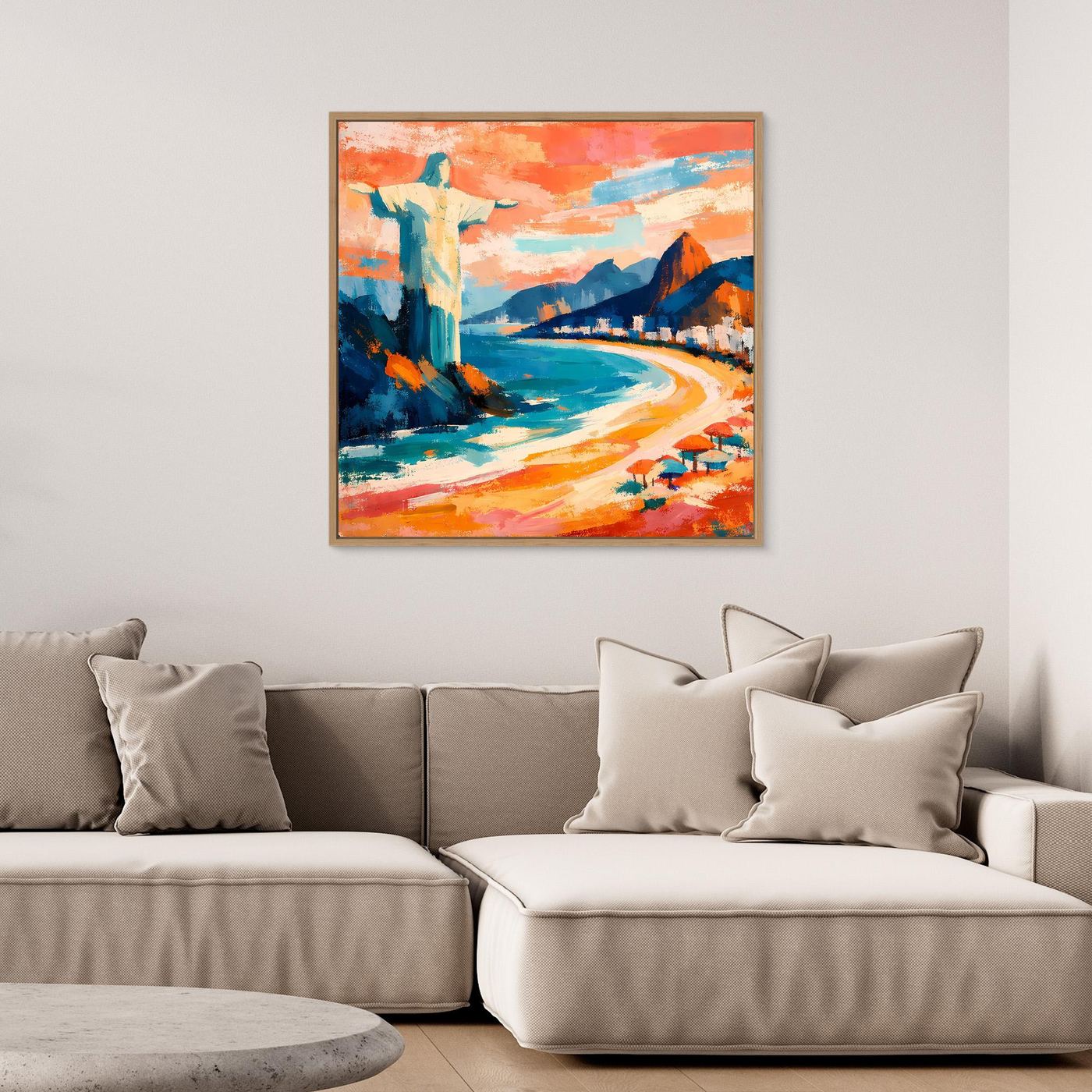 Abstraktes Leinwand-Wandbild mit hellem Holzrahmen, Strandweg am Meer mit bunten Akzenten