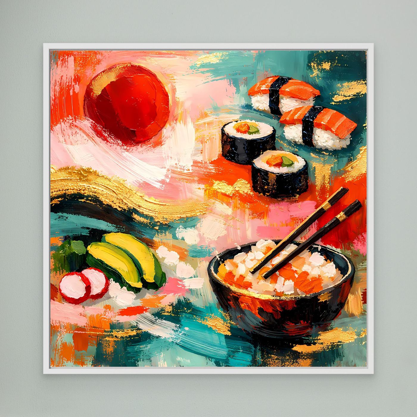 Leinwandbild mit Sushi-Motiv: schwarze Sushirollen, orange Lachs, Stäbchen und rote Deko-Kugel