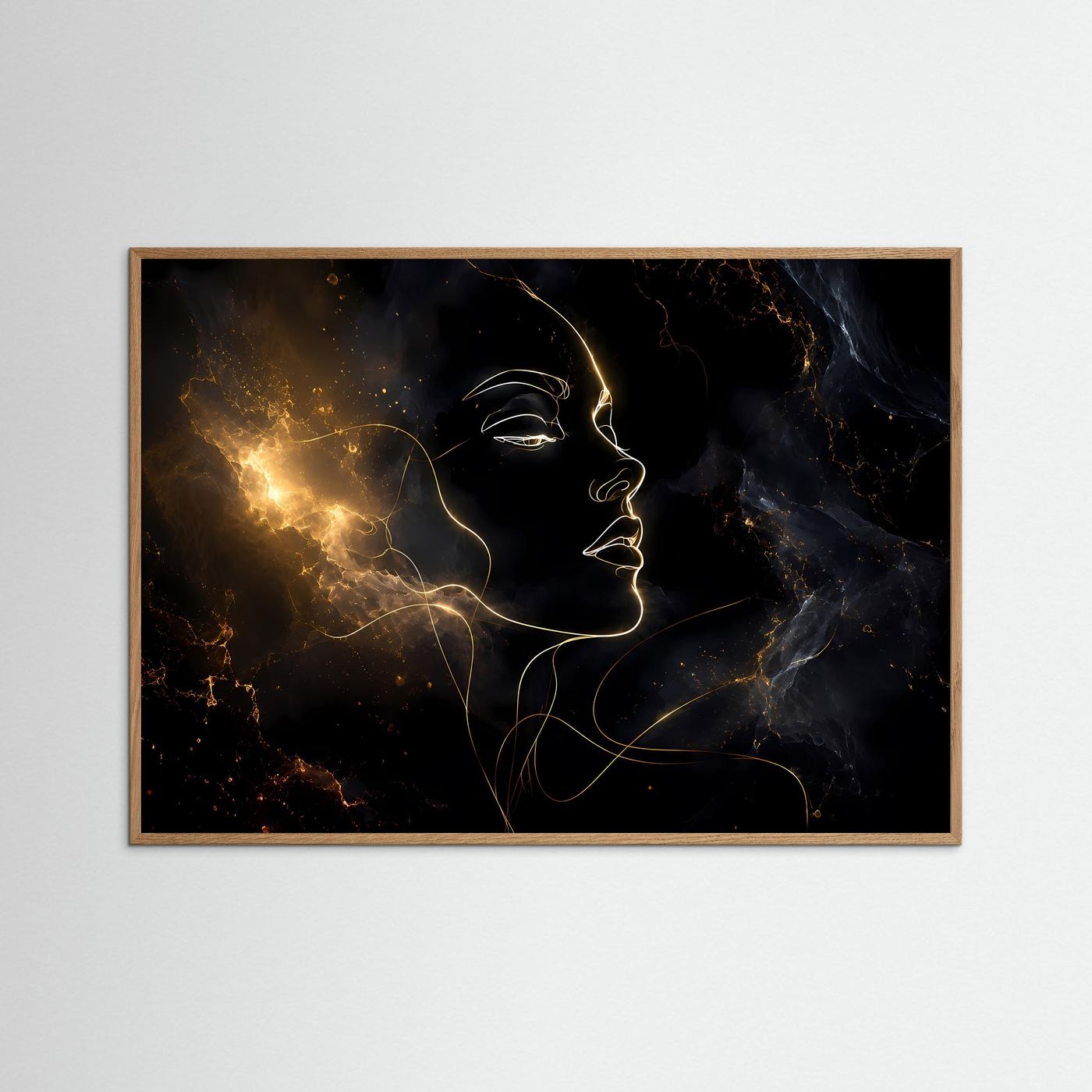 One Line Art Gesicht Poster Querformat | Gold Line Art auf Schwarz | Minimalistische Moderne Wandkunst