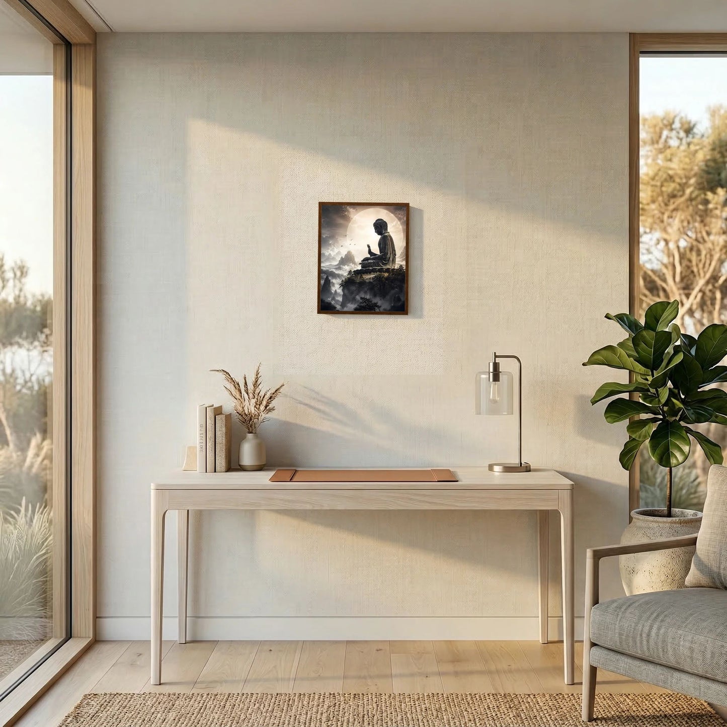 Wandposter im schwarzen Rahmen: sitzender Buddha über Berglandschaft und Wolken