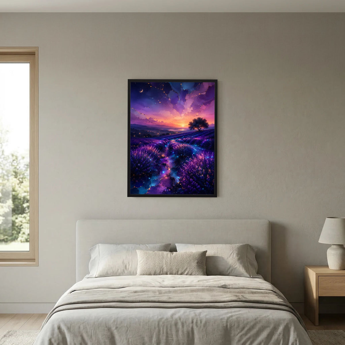 Hochformatiges Poster im dunklen Rahmen mit lila Lavendelstreifen und Abendhimmel