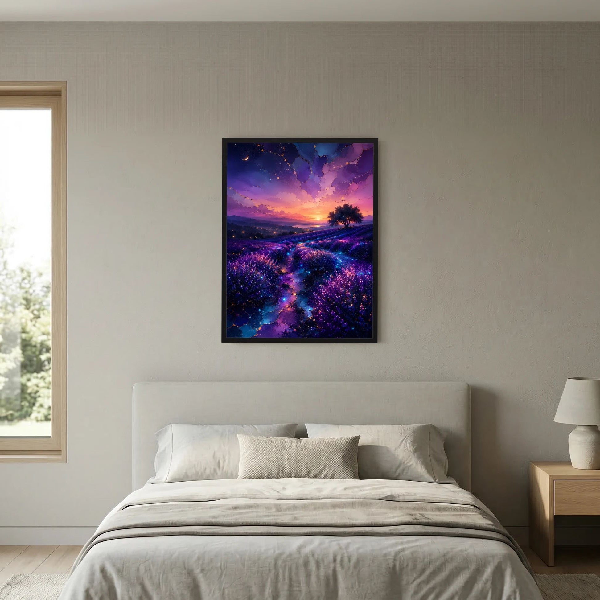 Hochformatiges Poster im dunklen Rahmen mit lila Lavendelstreifen und Abendhimmel