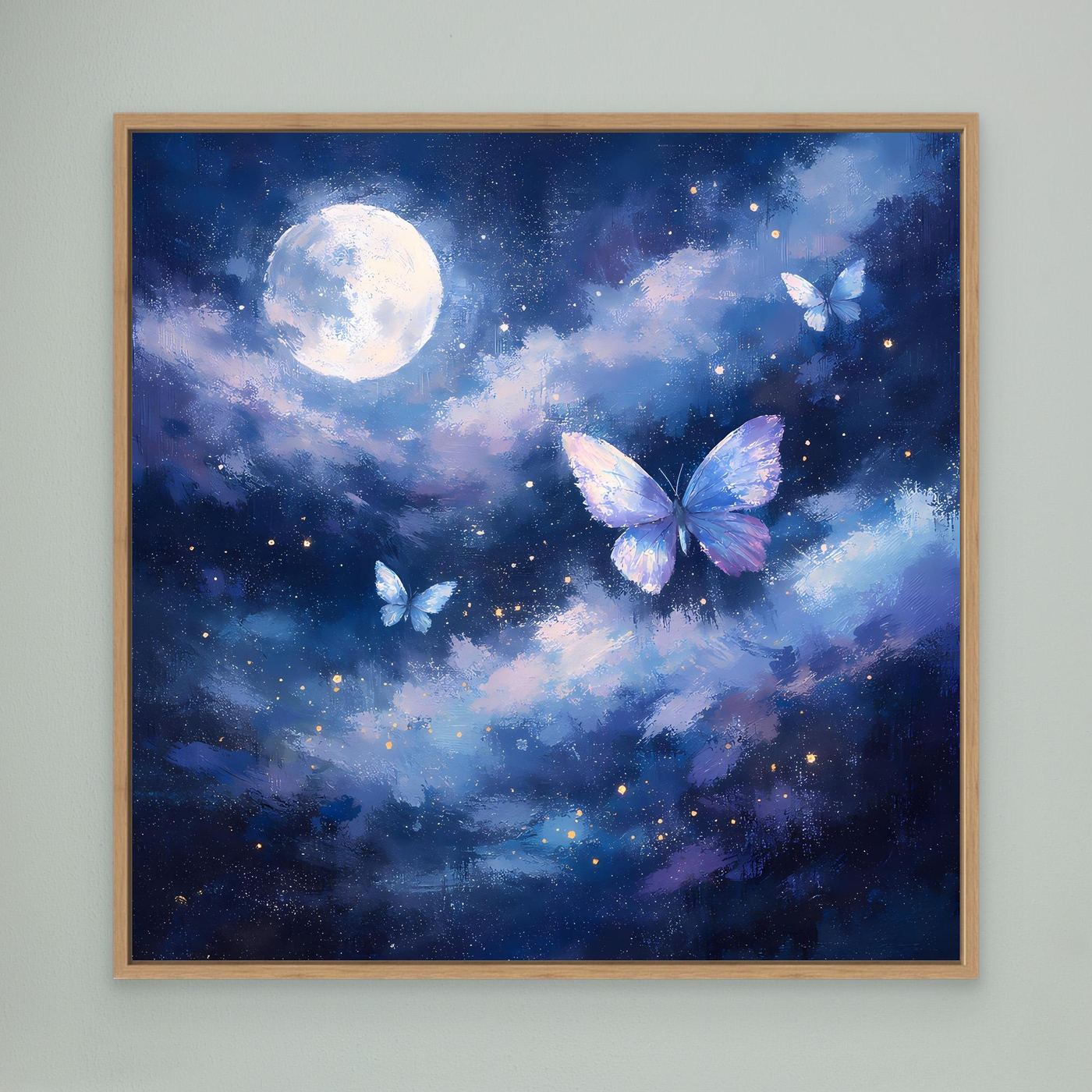 Leinwand-Wandbild mit Mond und Schmetterlingen im Sternenhimmel, Eichenrahmen