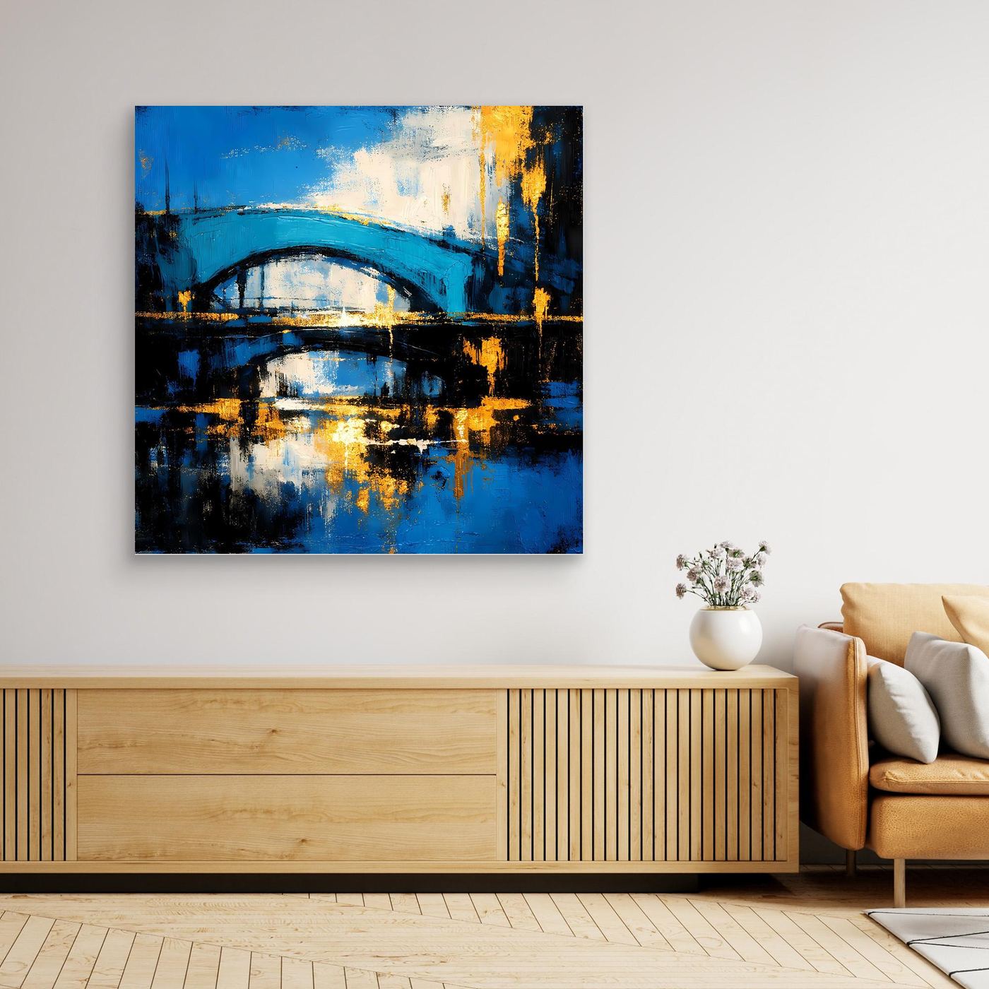 Abstraktes Leinwandbild mit Brücke in Blau und Gold, mit schwarzem Rahmen.
