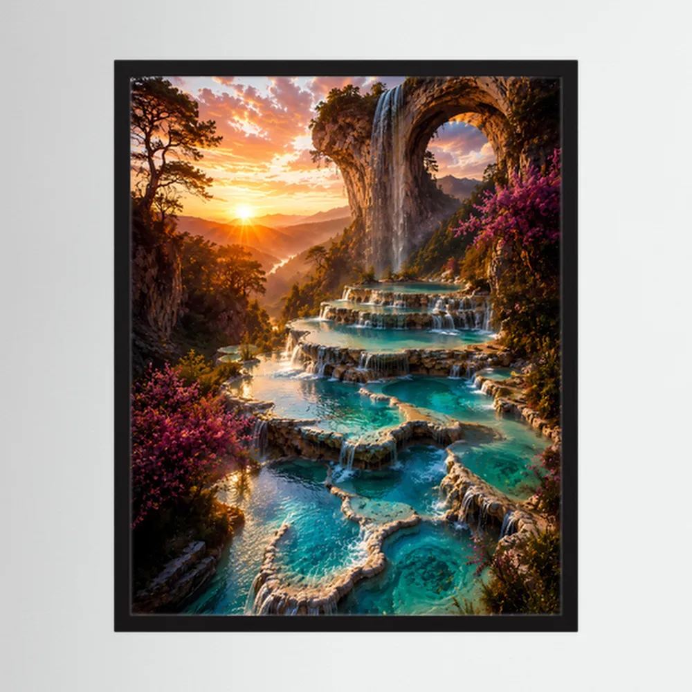 Hochformatiges Kunstposter mit Wasserfall, türkisfarbenen Terrassen und rundem Felsentor
