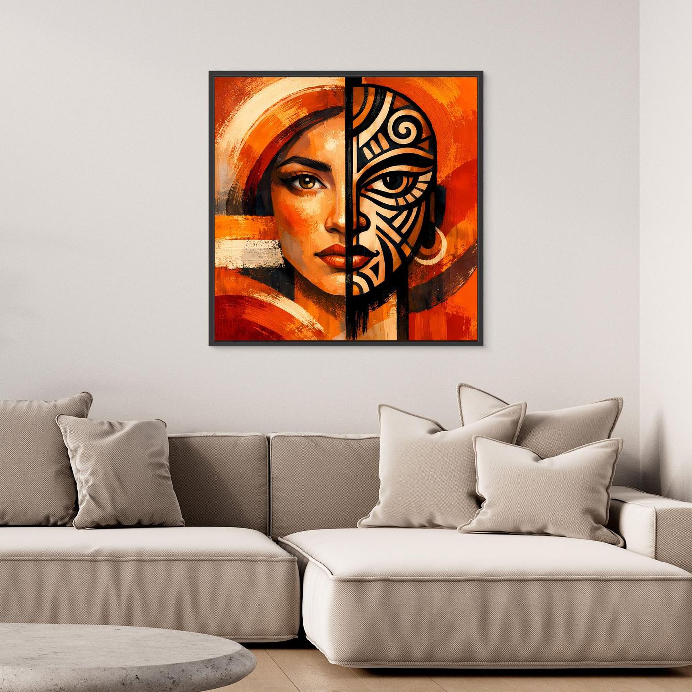 Leinwandbild mit Rahmen: mystisches Maskenfrau-Motiv, Orange-Rot mit schwarzer Ornamenthälfte