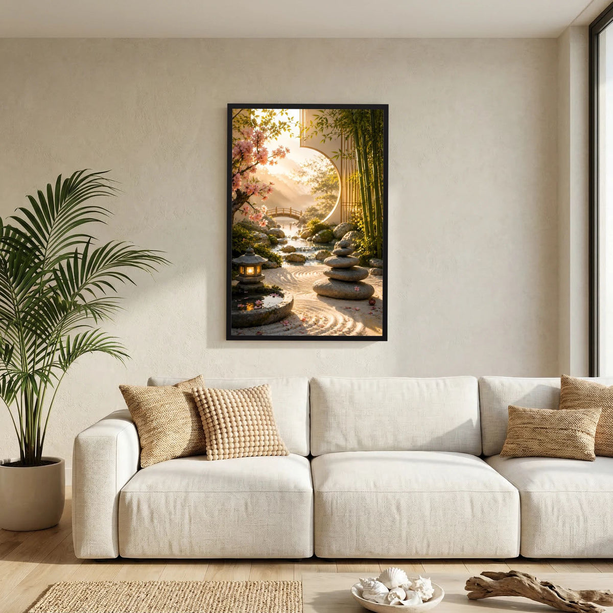 Zen-Garten-Poster Hochformat im schwarzen Rahmen: Bambus, Kirschblüten, Steine und Laterne