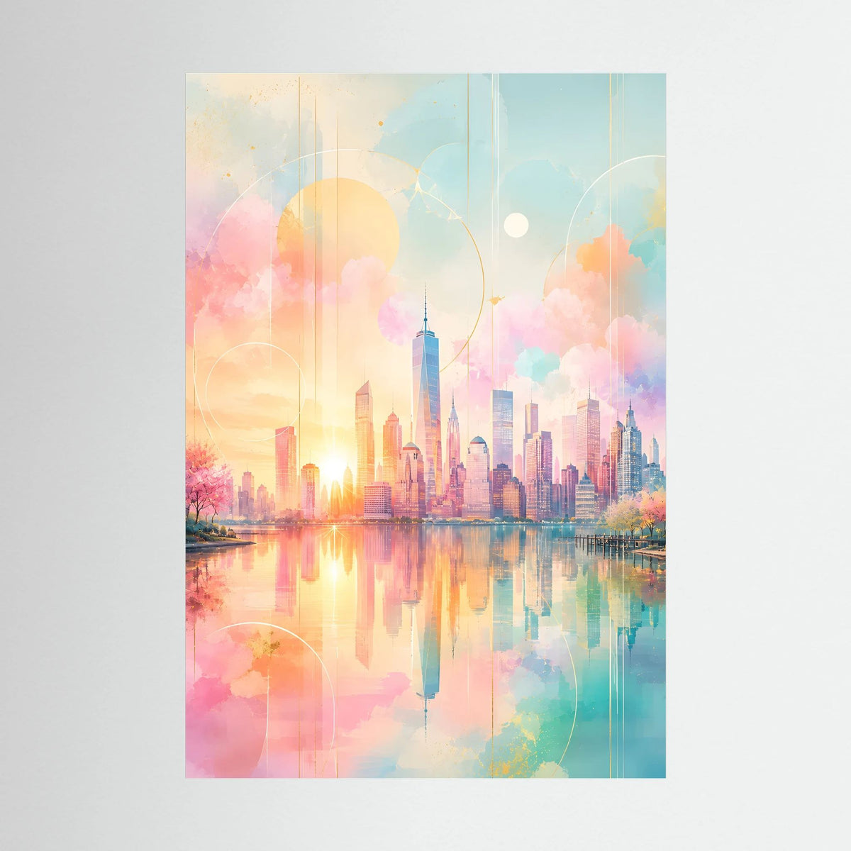 Kunstposter Hochformat mit abstrakter Skyline am Wasser in Pastellrosa, Türkis und Gold